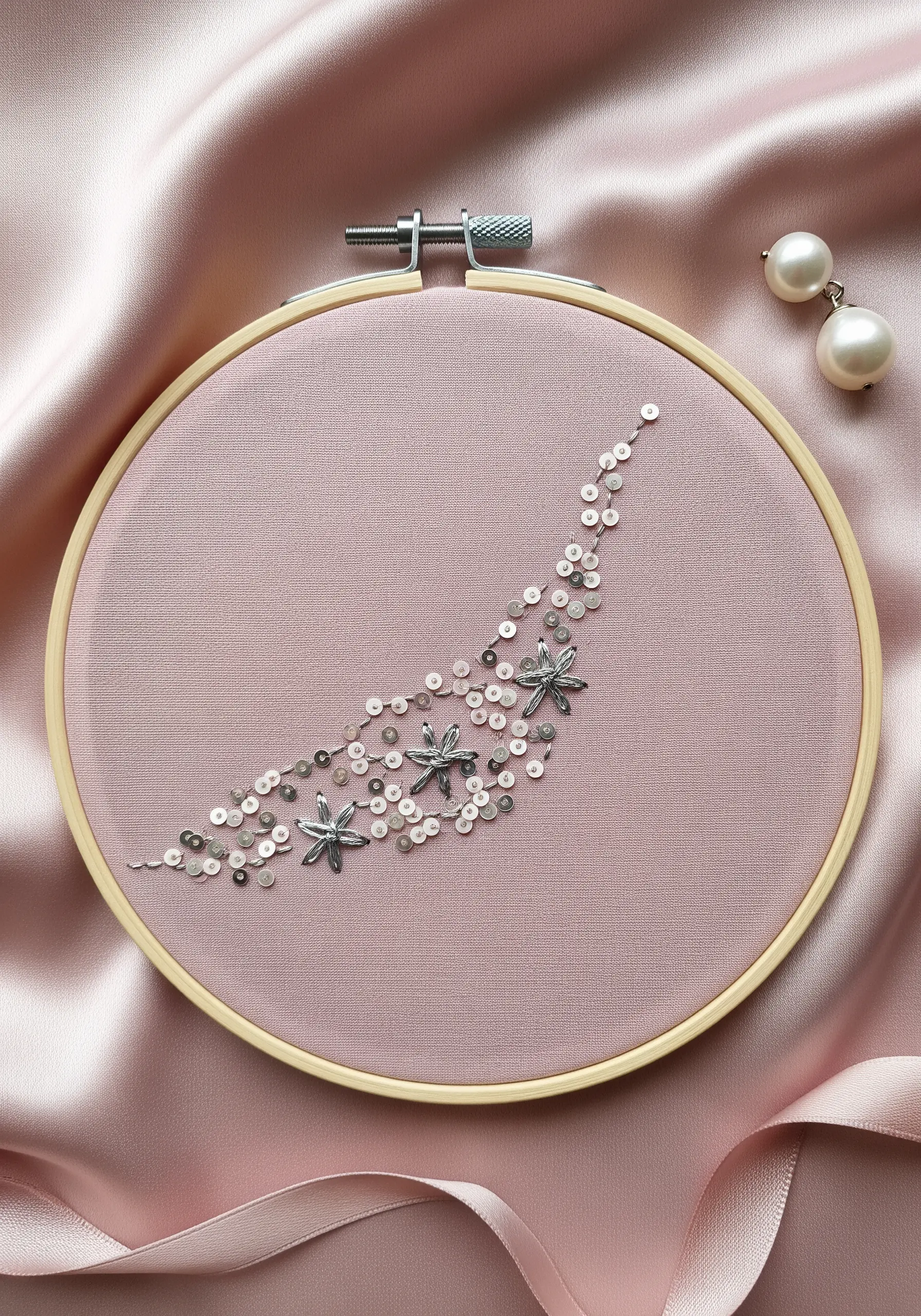 A delicate, curving trail of silver sequins and beads embroidered on pale pink satin fabric.