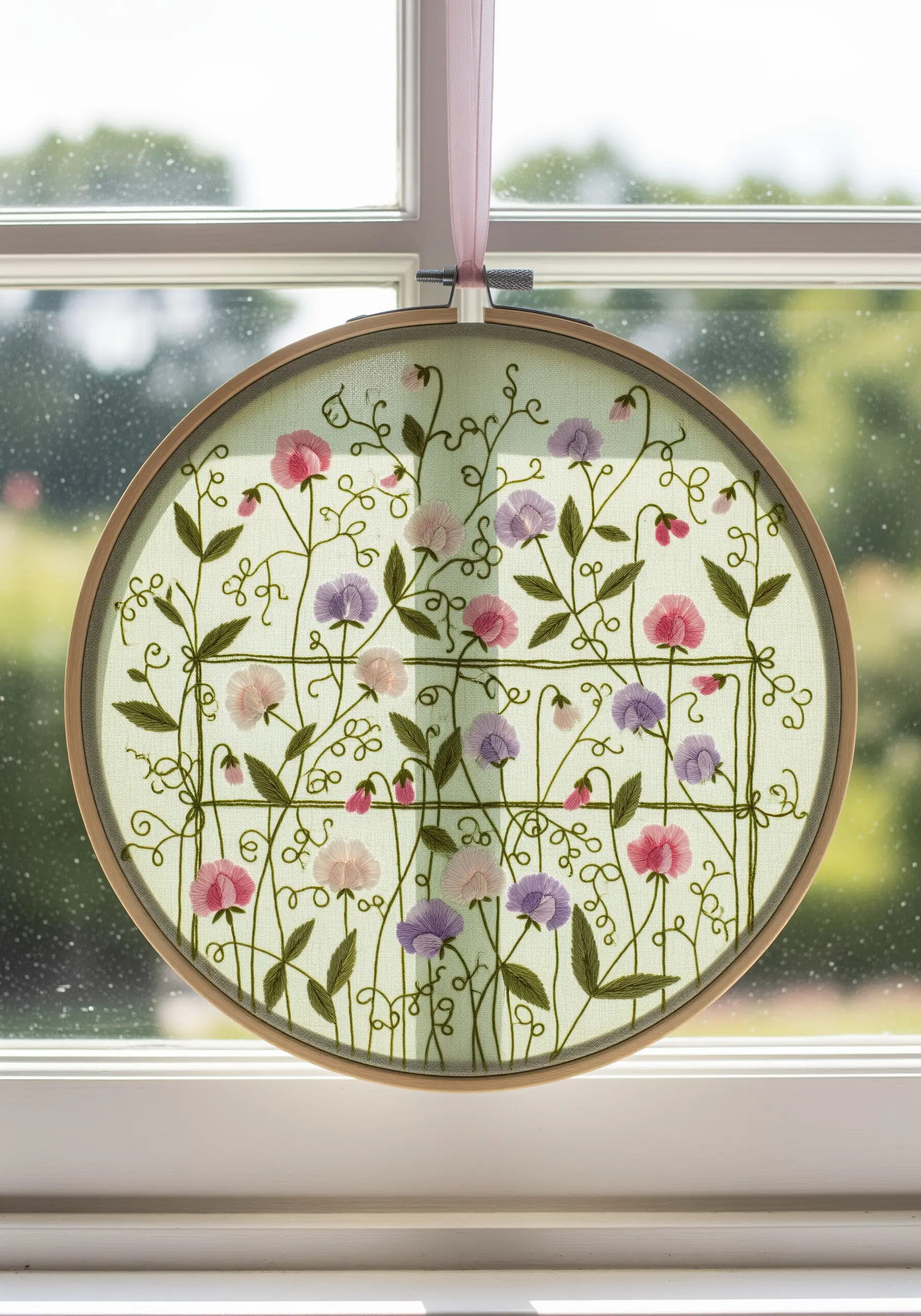 Delicate sweet pea flowers embroidered on a light green sheer fabric in a hoop.