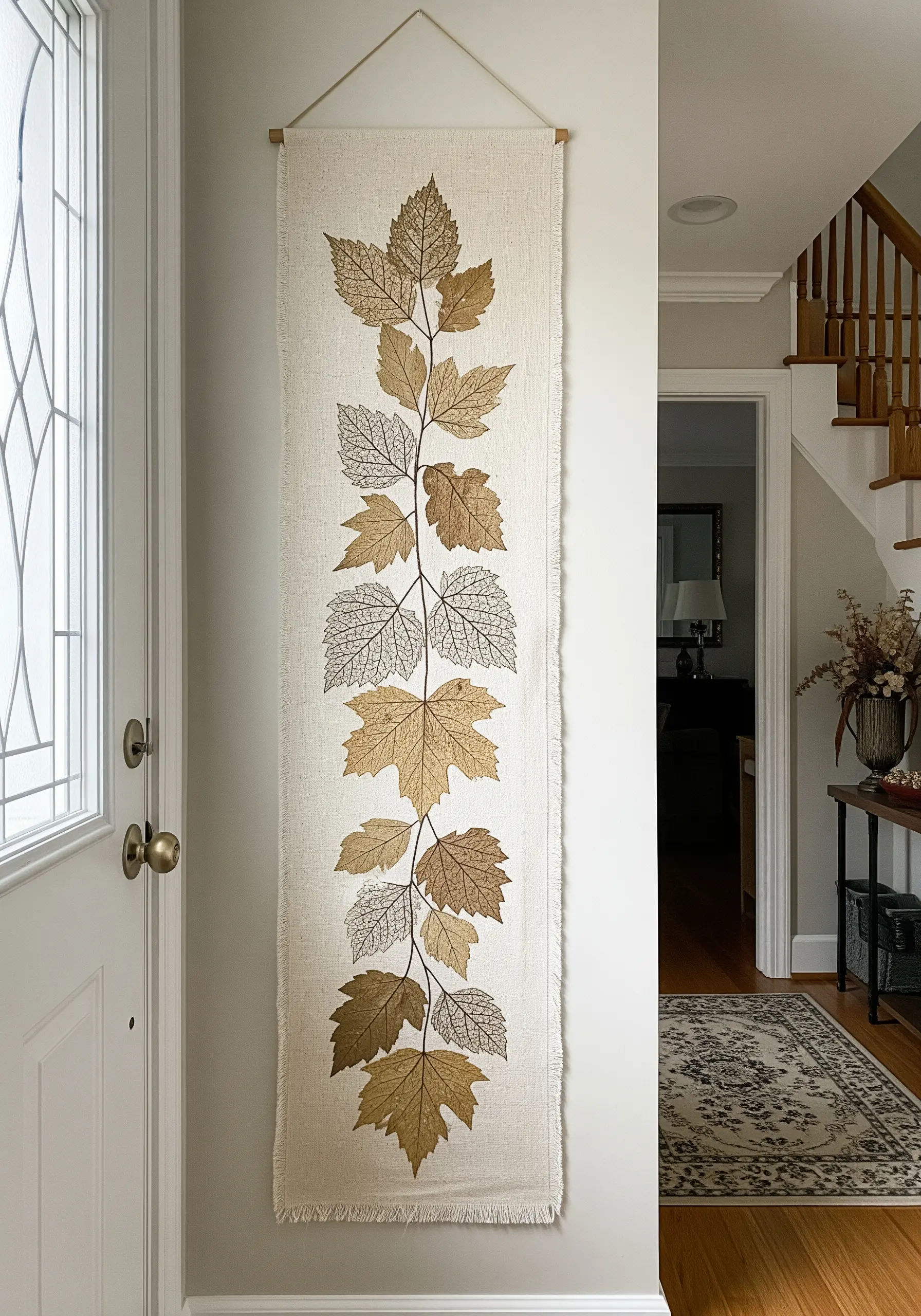 A long, narrow wall hanging with printed skeleton leaves in neutral tones on frayed-edge fabric.