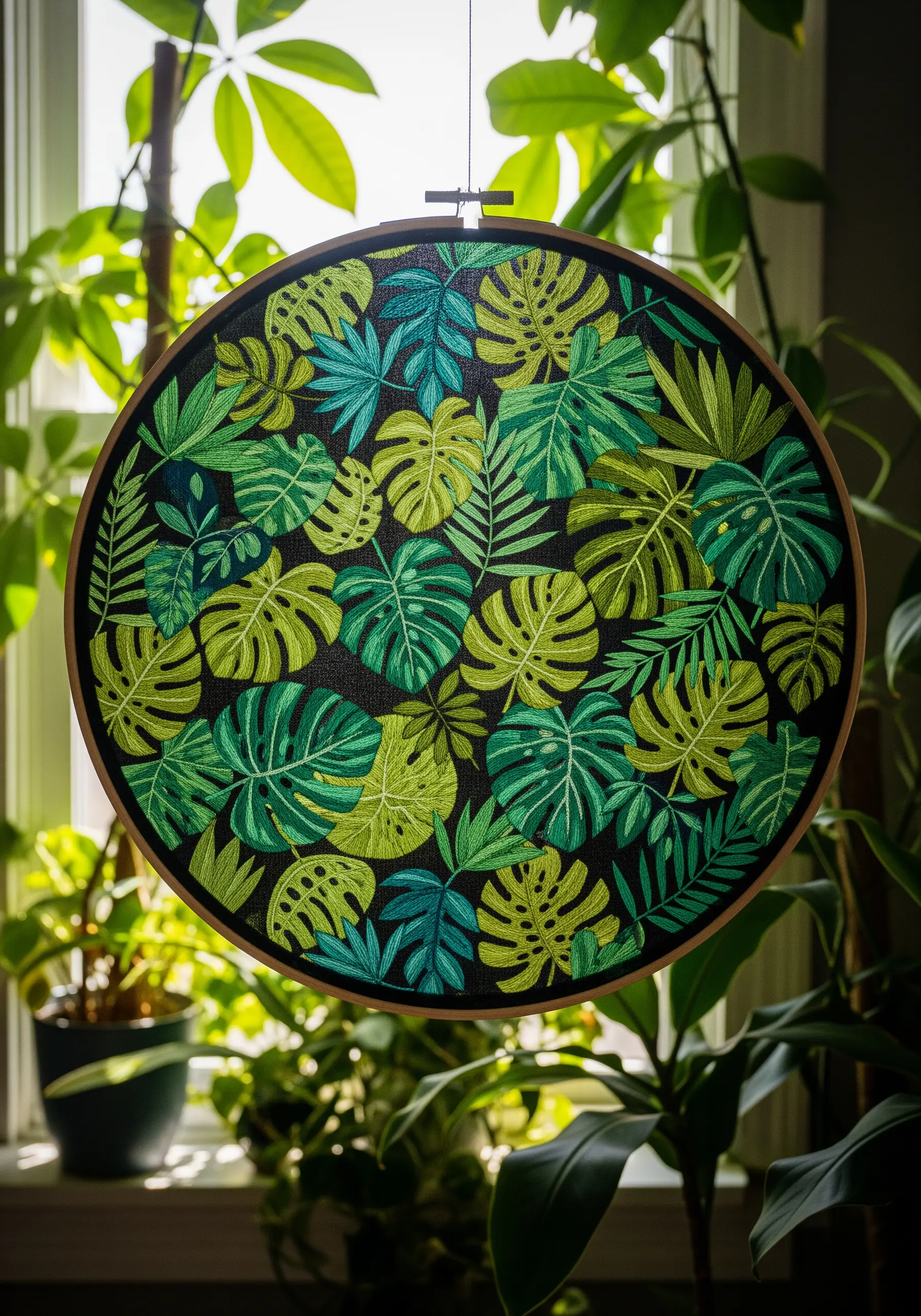 A dense pattern of various tropical leaves embroidered in shades of green.