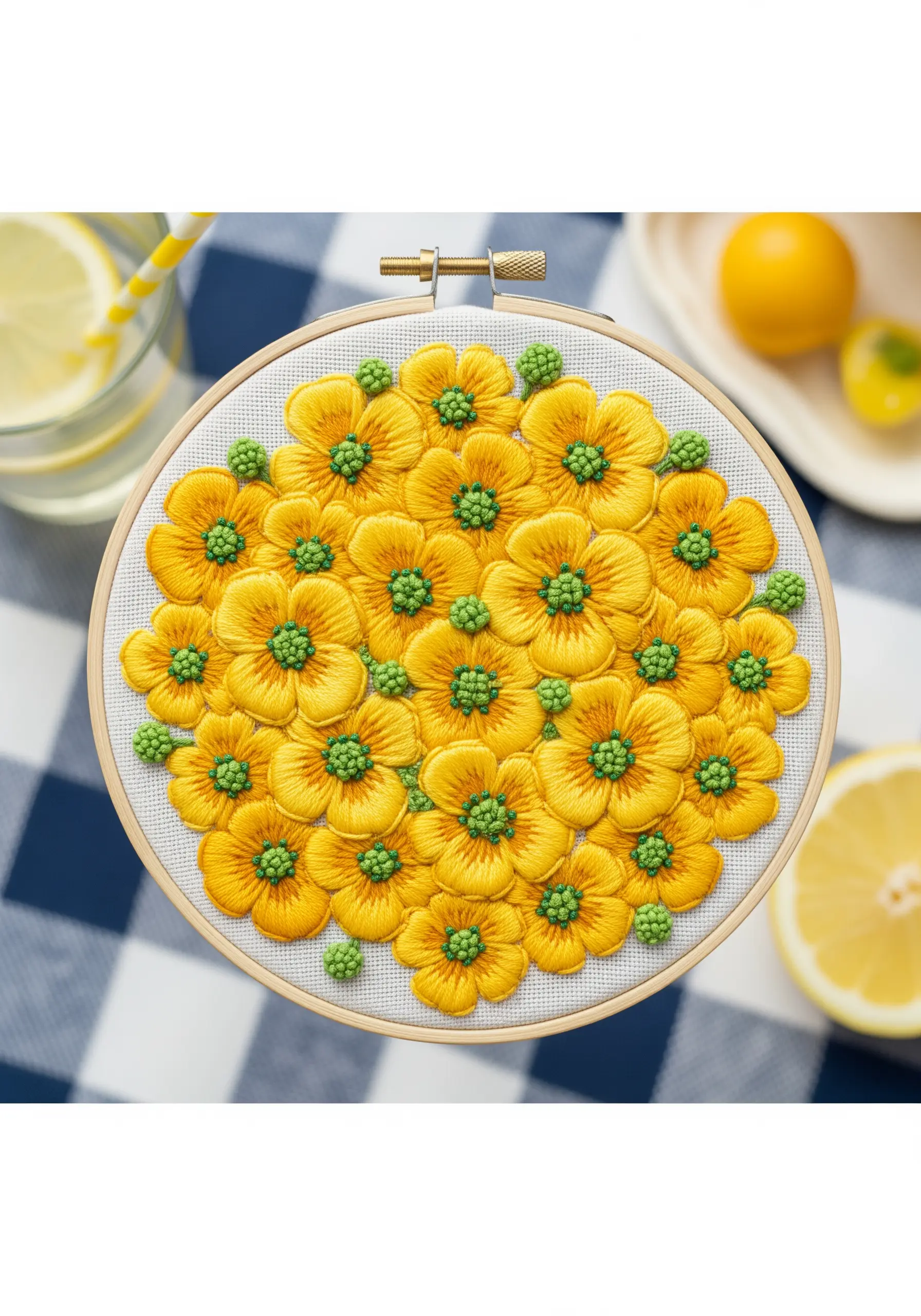 A dense cluster of embroidered yellow buttercups with green centers filling a hoop.
