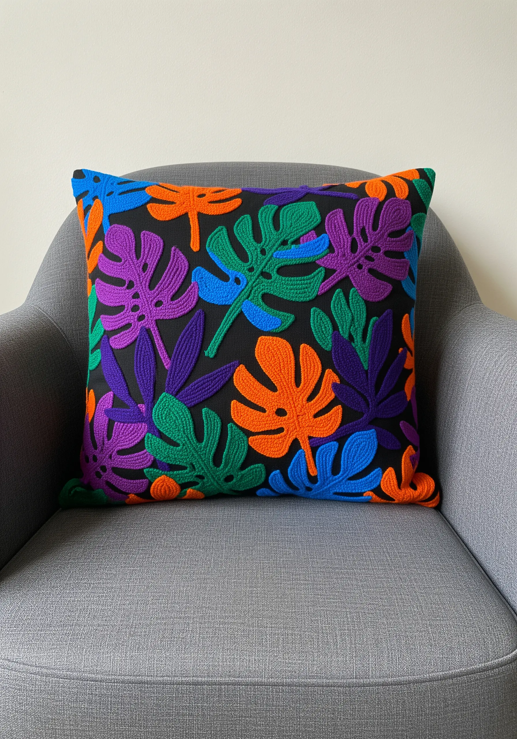 Dense, colorful monstera leaf pattern filled with raised chain stitch on a black pillow.