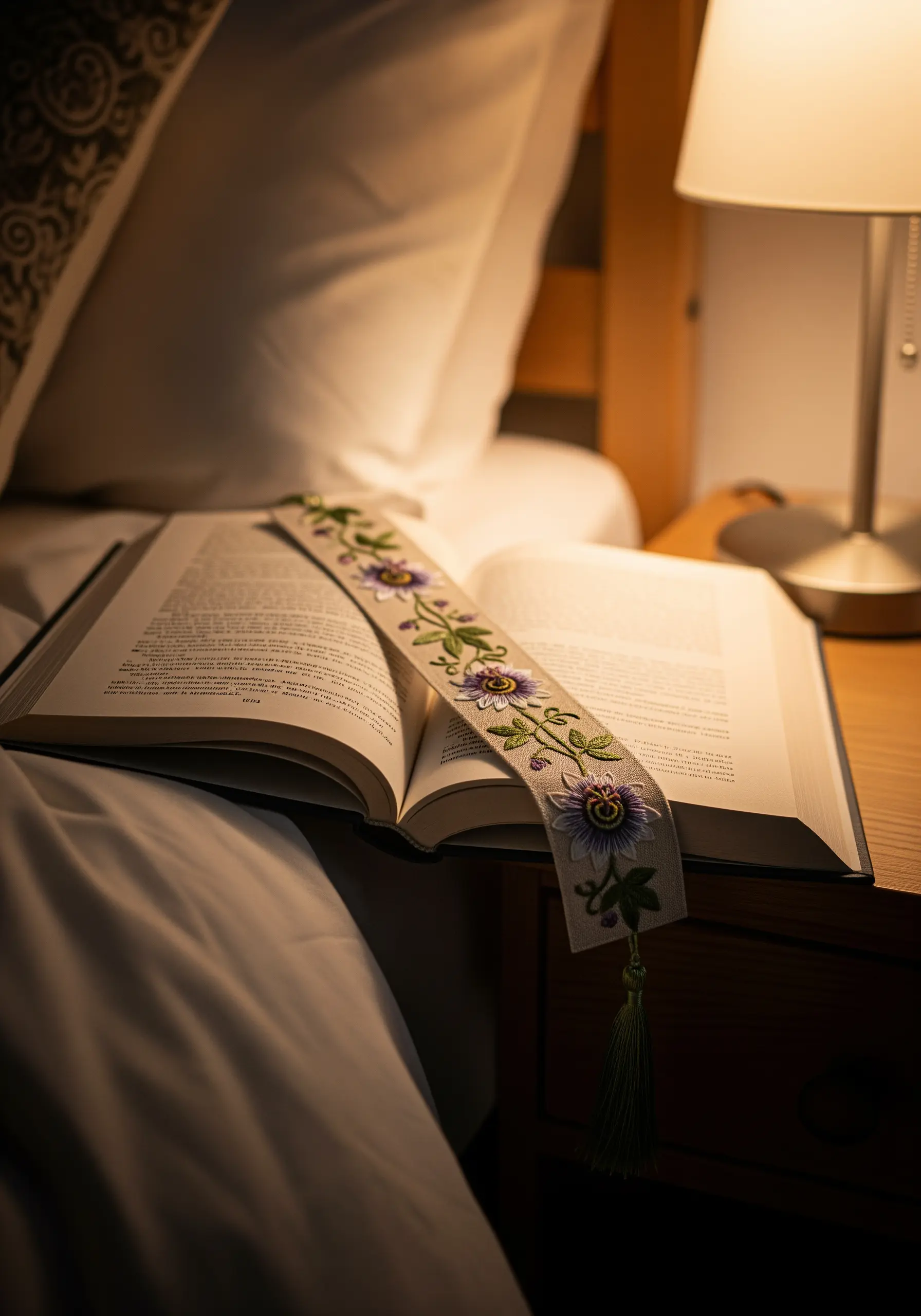A beautifully detailed floral embroidered bookmark with a tassel resting on an open book by a bedside lamp.
