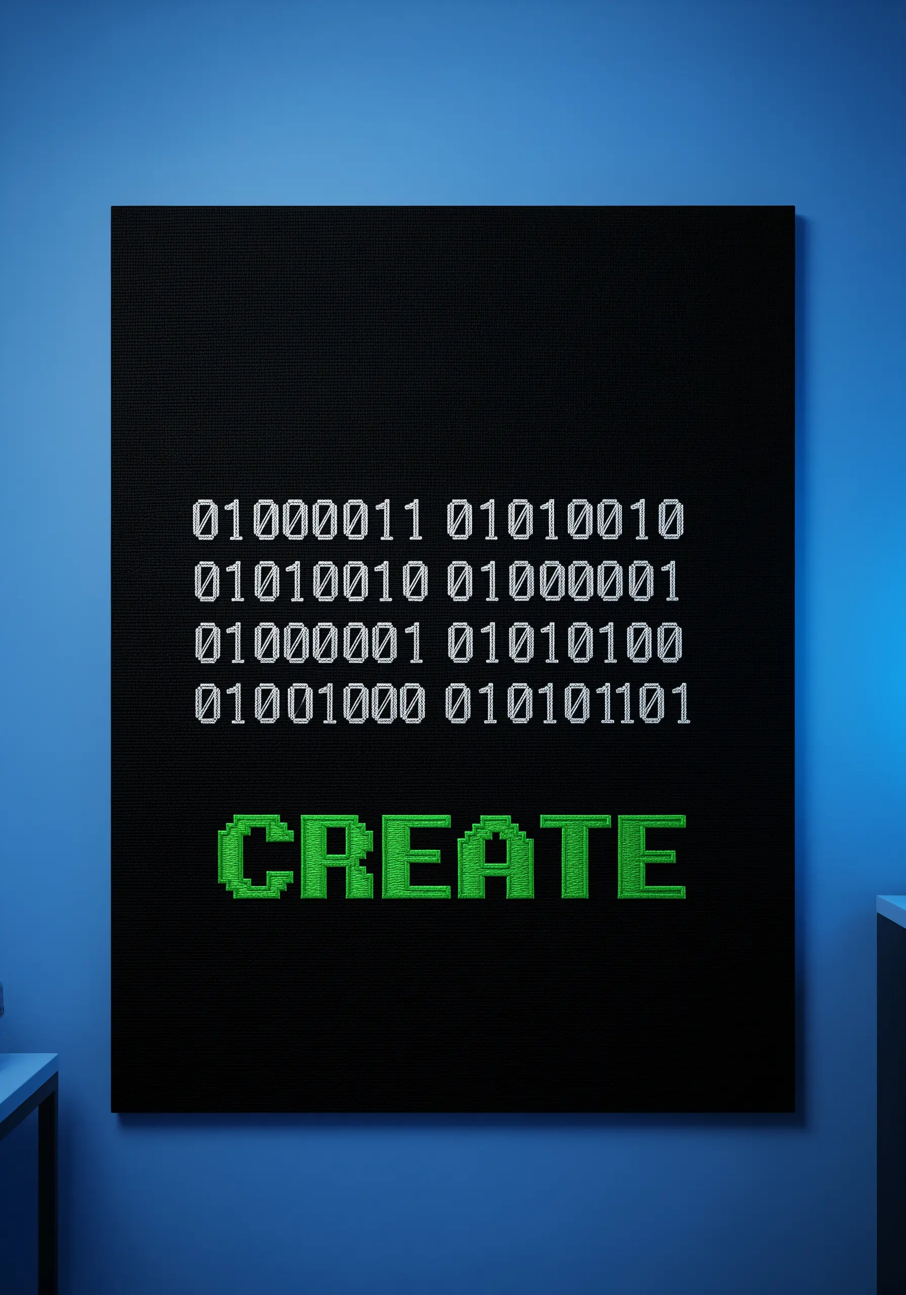 The word “CREATE” in a pixelated green font below lines of binary code.