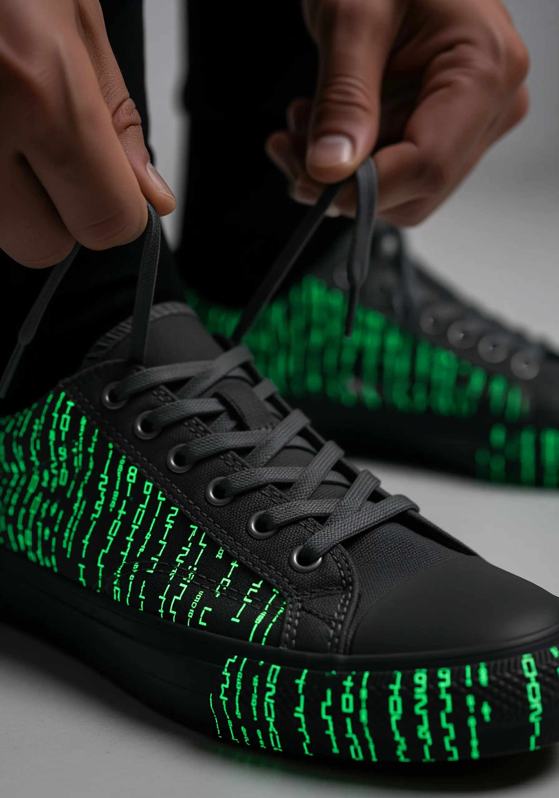 Glow-in-the-dark green digital rain pattern embroidered on a pair of black sneakers.