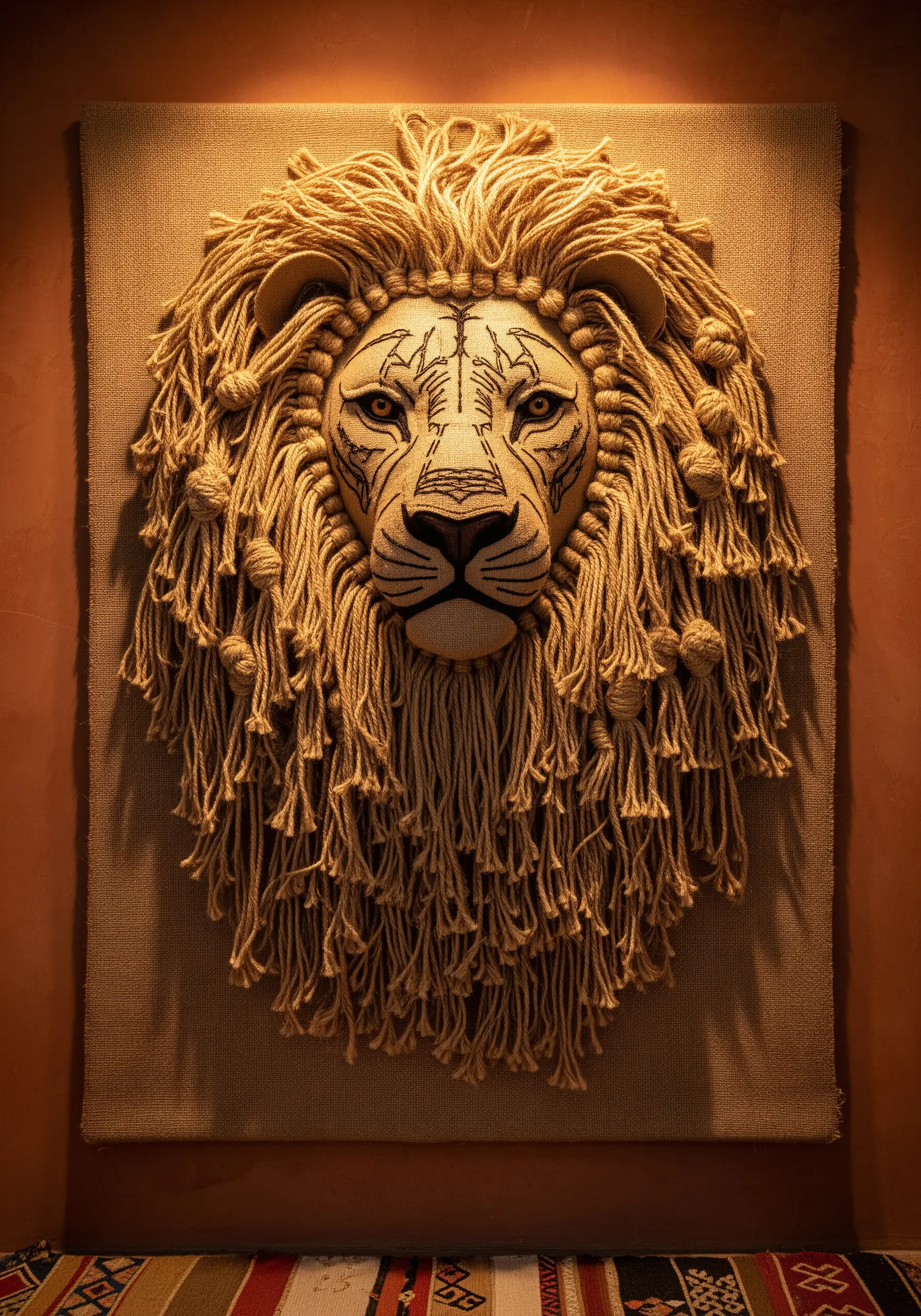 A wall hanging of a lion's face where the mane is made from thick, shaggy yarn.