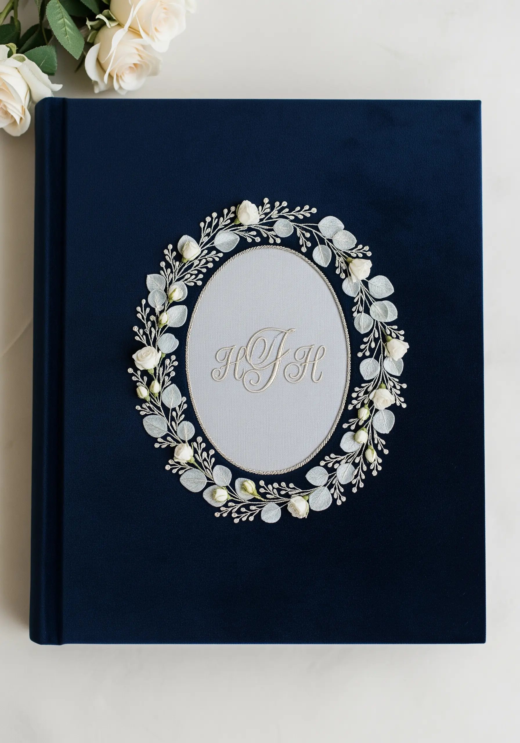 A navy velvet album with a dimensional white floral and silver-leaf wreath around a monogram.