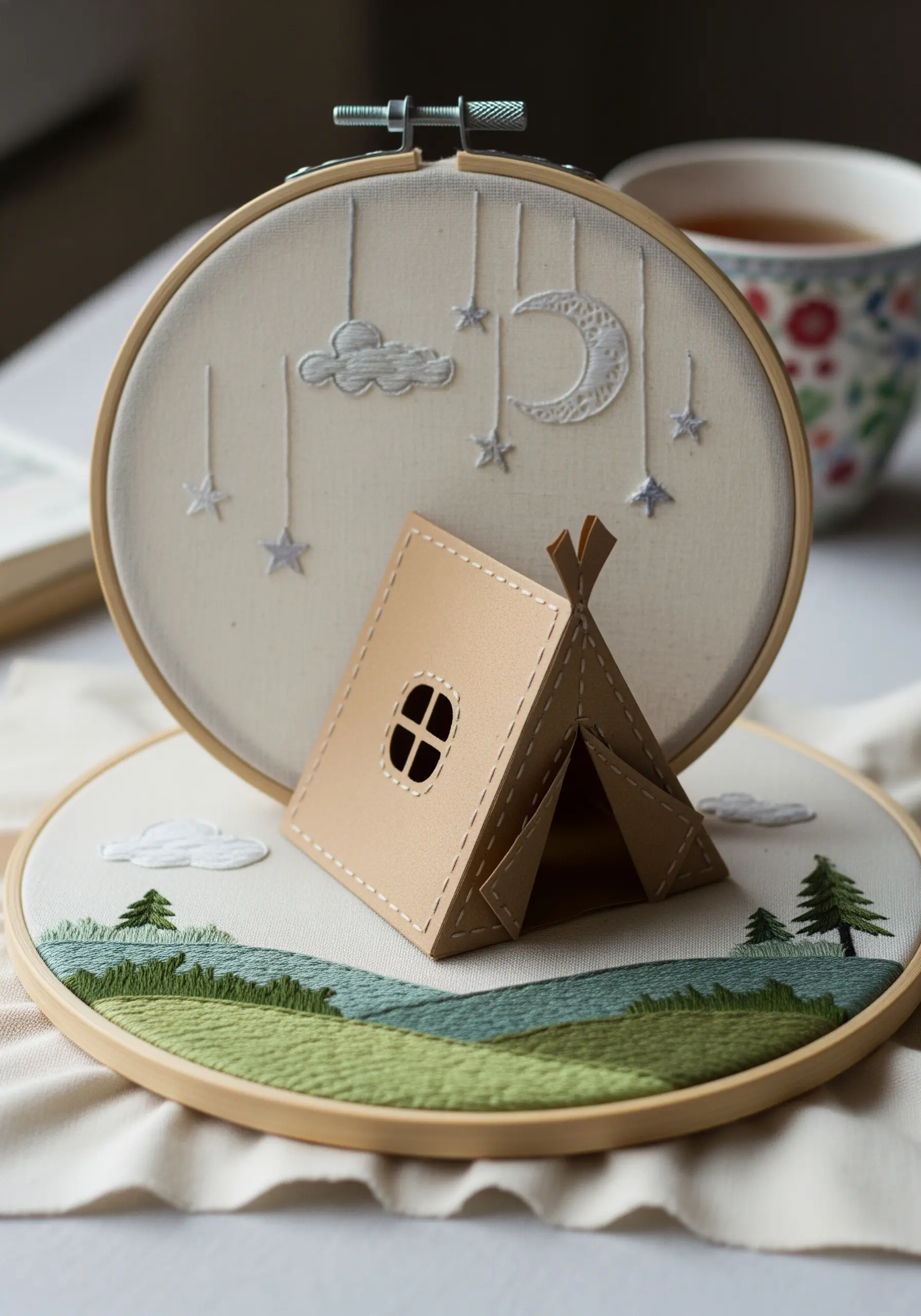 A 3D paper tent sits in front of two embroidery hoops depicting a landscape and a night sky.