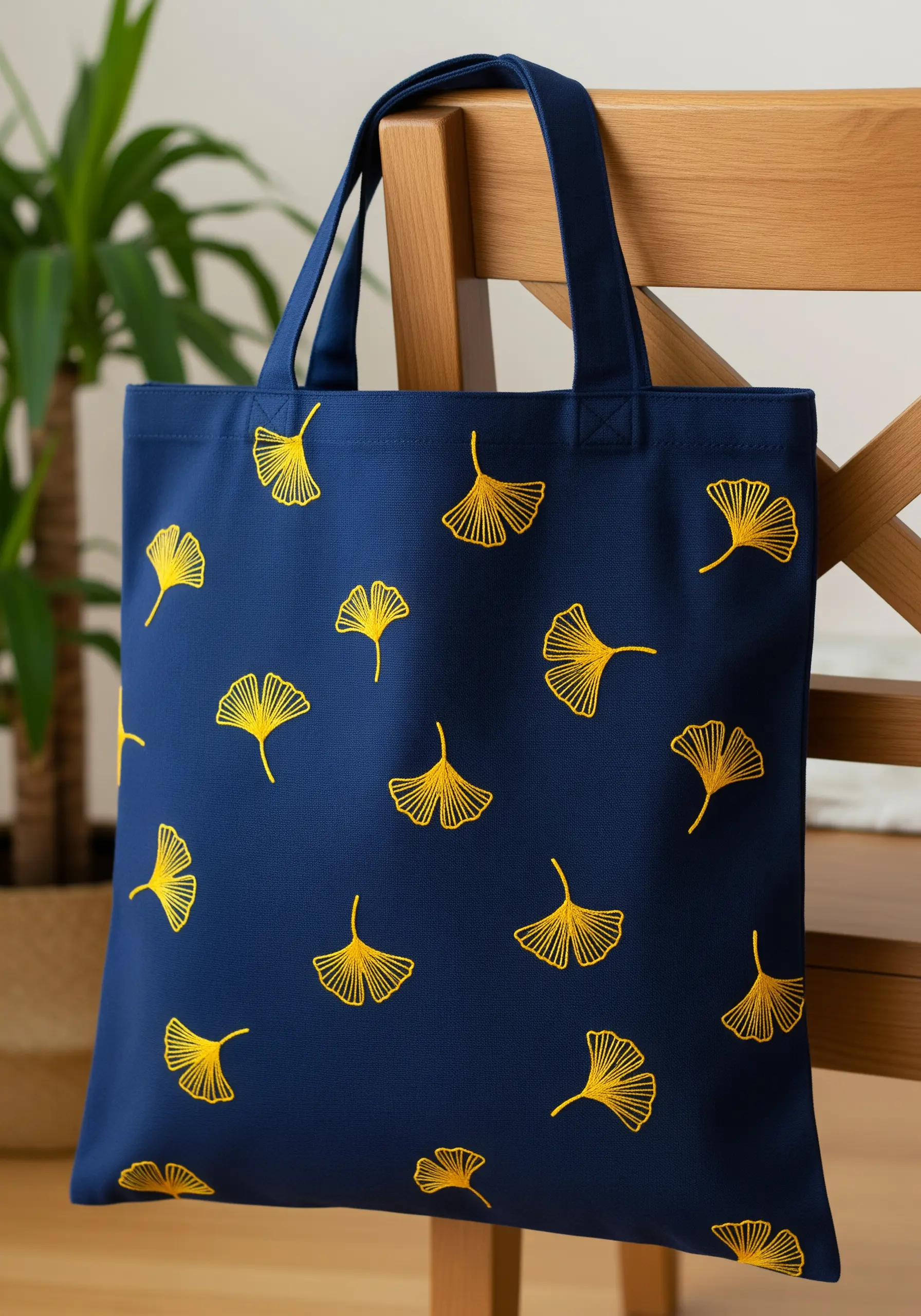 A pattern of bright yellow ginkgo leaf silhouettes embroidered on a dark blue canvas tote bag.