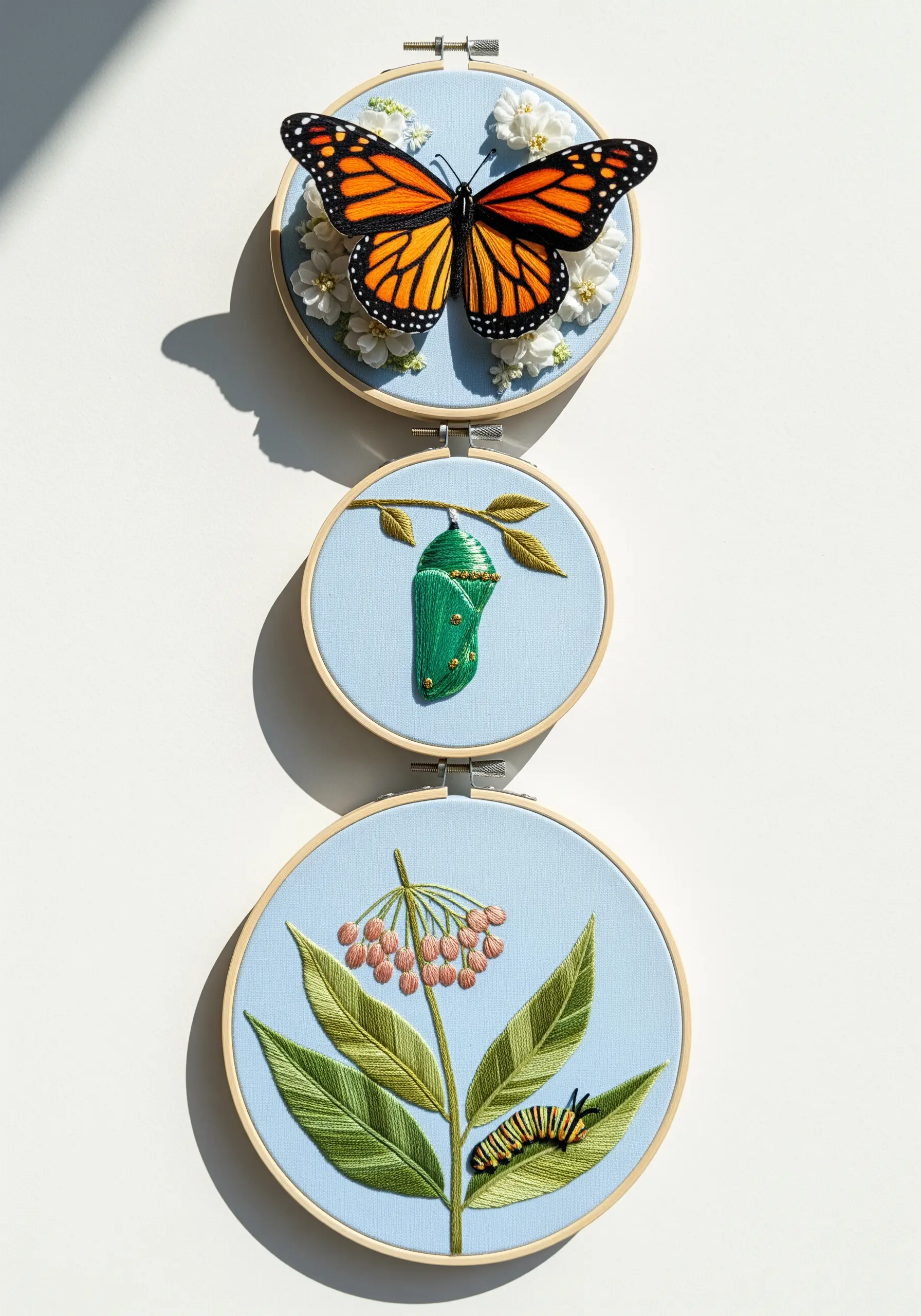 Monarch butterfly life cycle told in three hoops, featuring a 3D stumpwork butterfly.