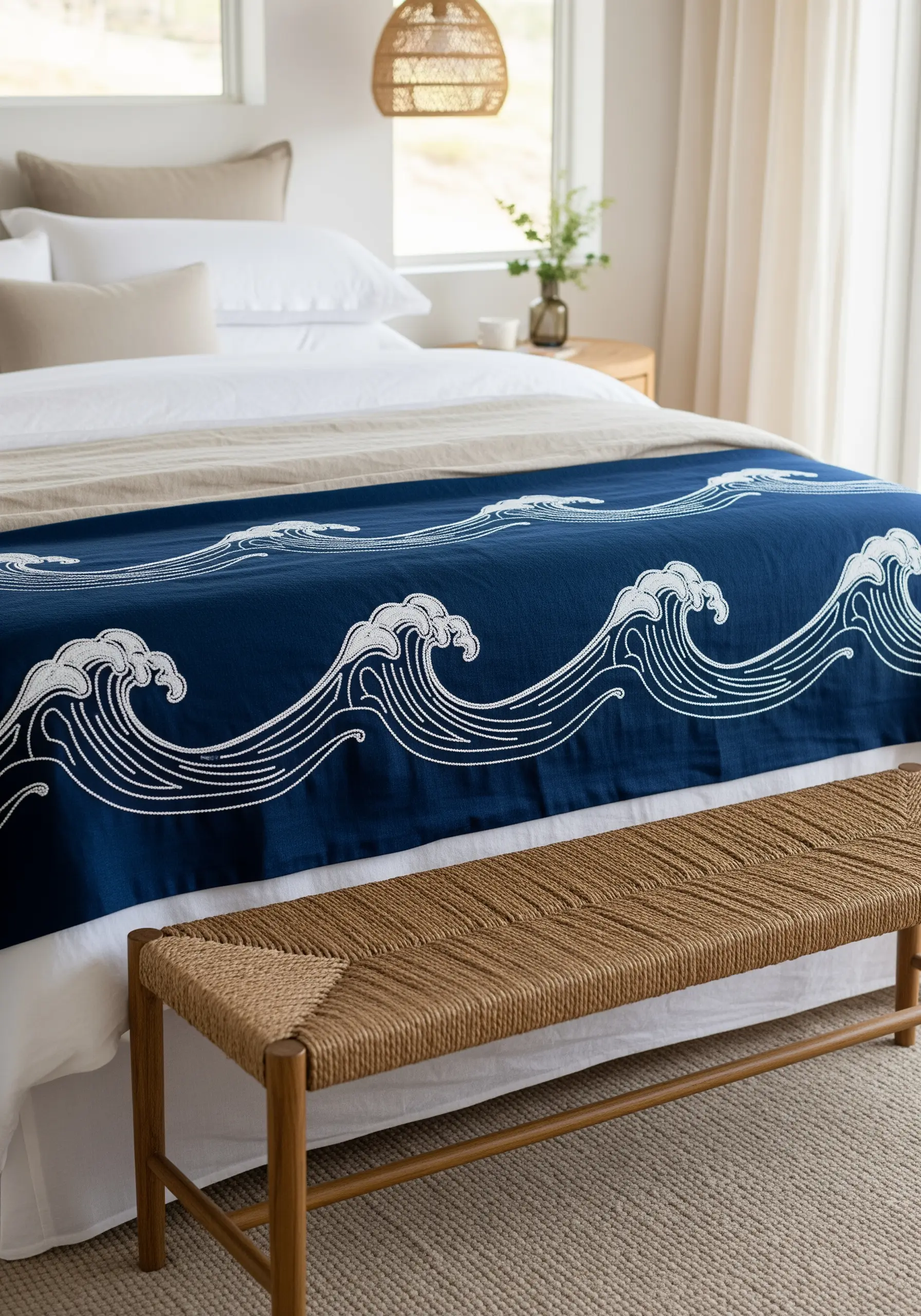 A continuous white embroidered wave pattern on a deep navy blue bed runner.
