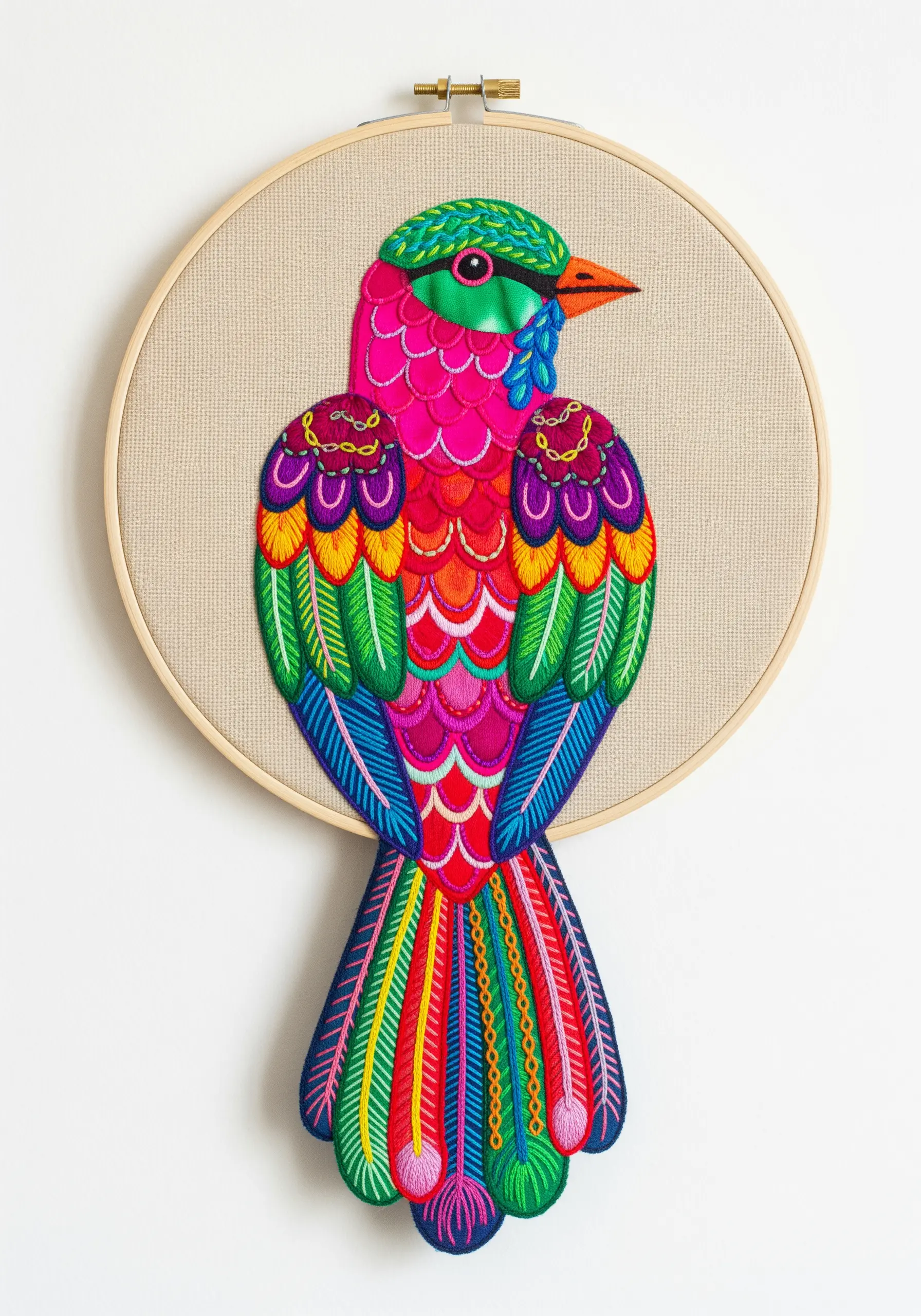 A vibrantly colored bird created with fabric appliqué and detailed embroidery outlines.