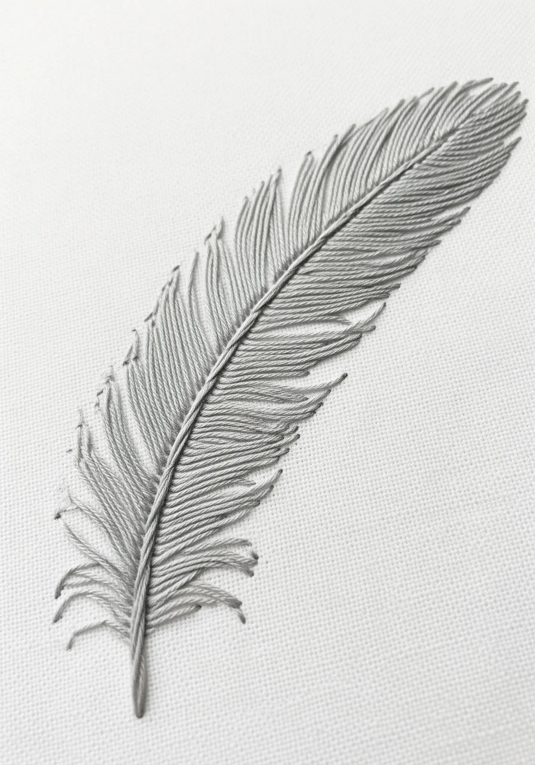 A close-up of a delicate gray feather embroidered with precise, angled straight stitches.
