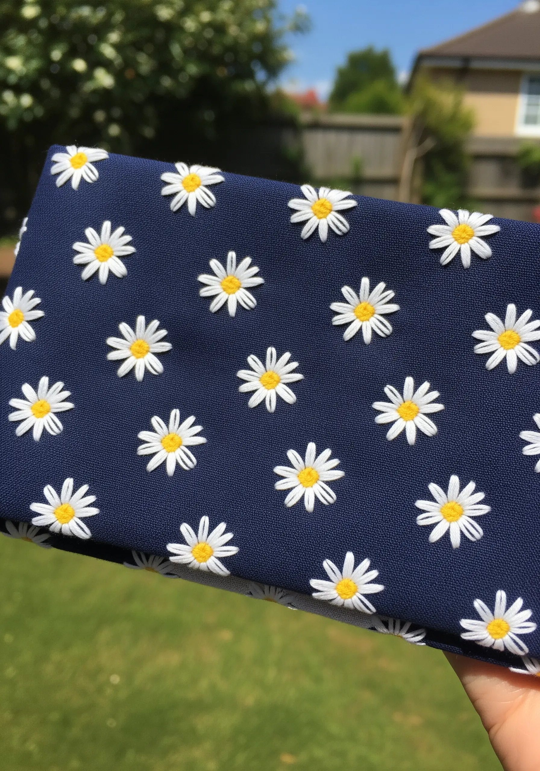 A navy blue fabric covered in a repeating pattern of small embroidered daisies.
