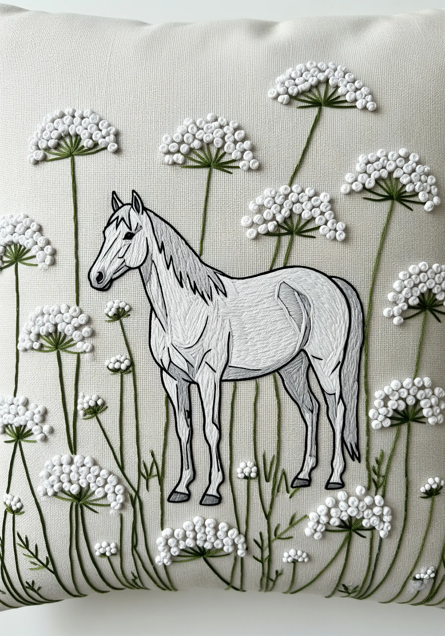 White horse embroidery standing in a field of Queen Anne's Lace made from French knots.