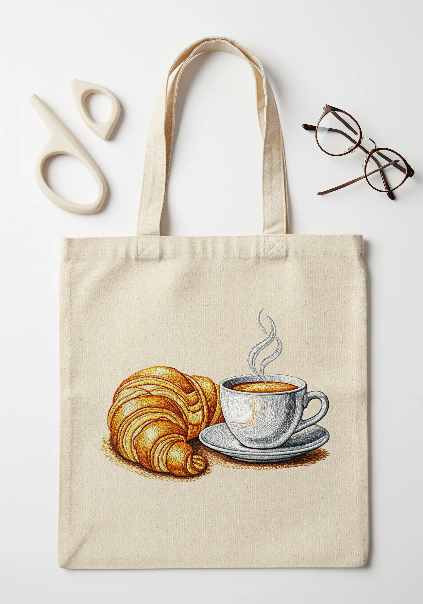 Detailed embroidery of a flaky croissant paired with a steaming cup of coffee.