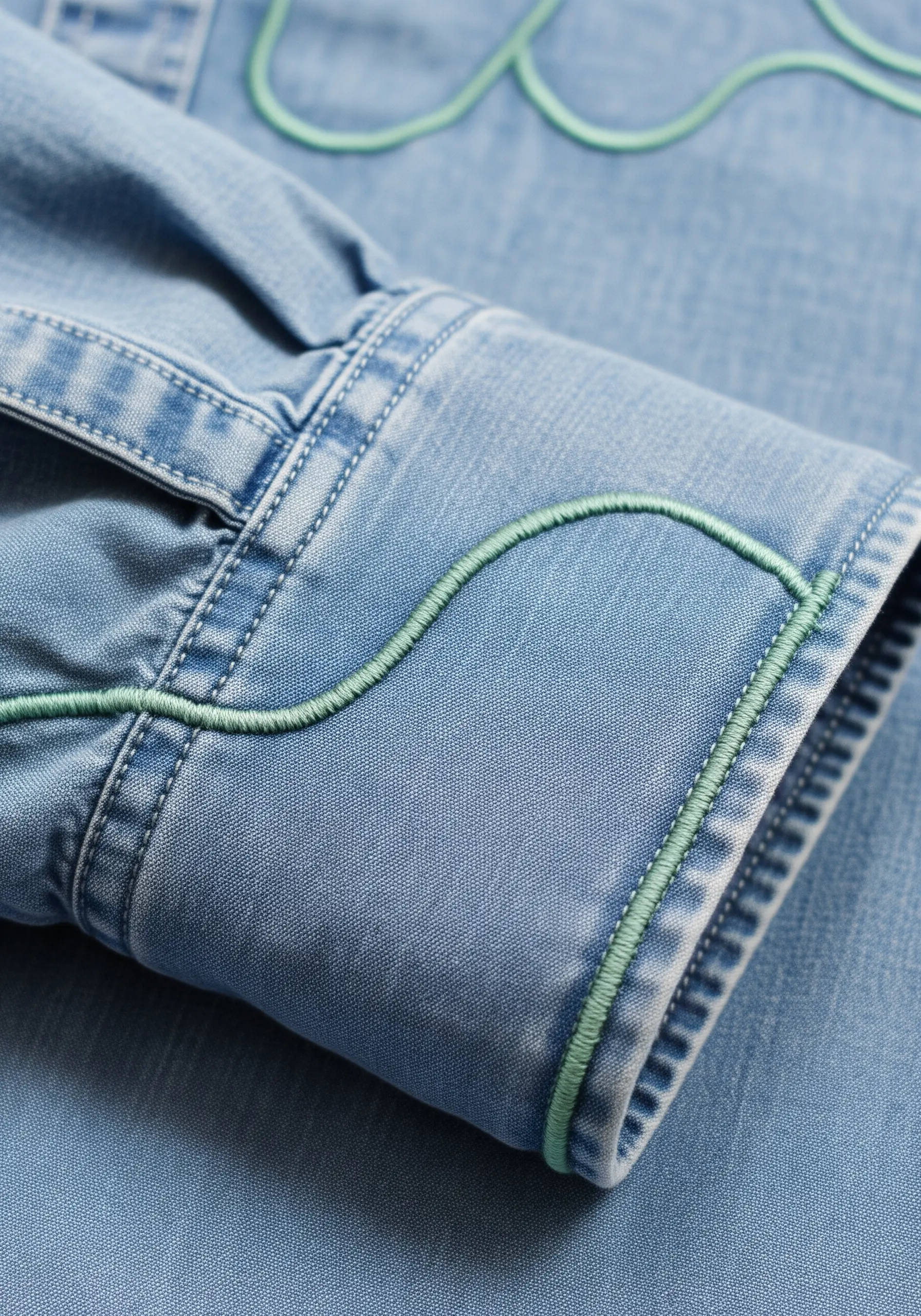 A smooth, mint-green embroidered line flows along the cuff of a chambray shirt.
