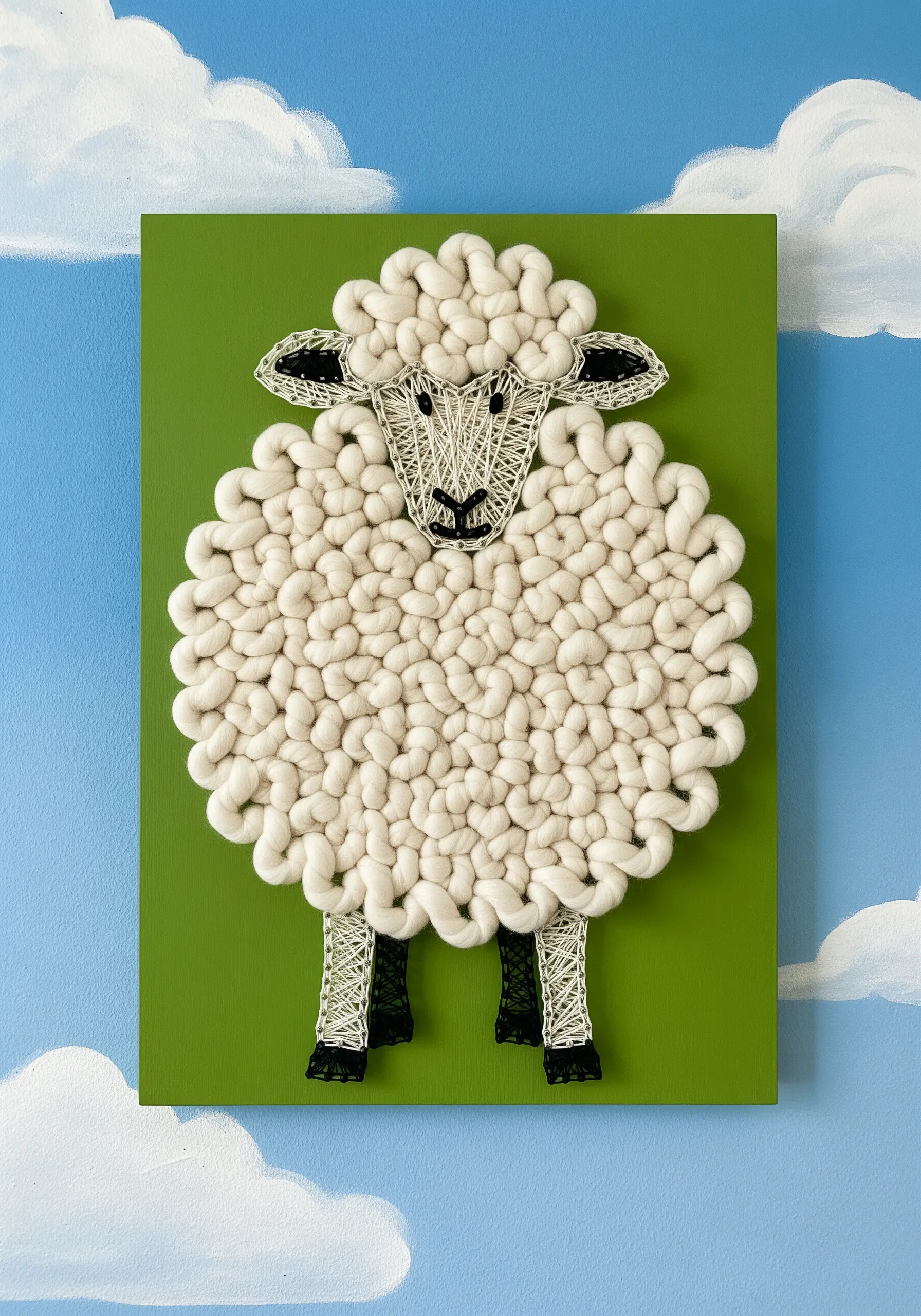 A sheep with a highly textured fleece made from chunky white wool bullion knots.