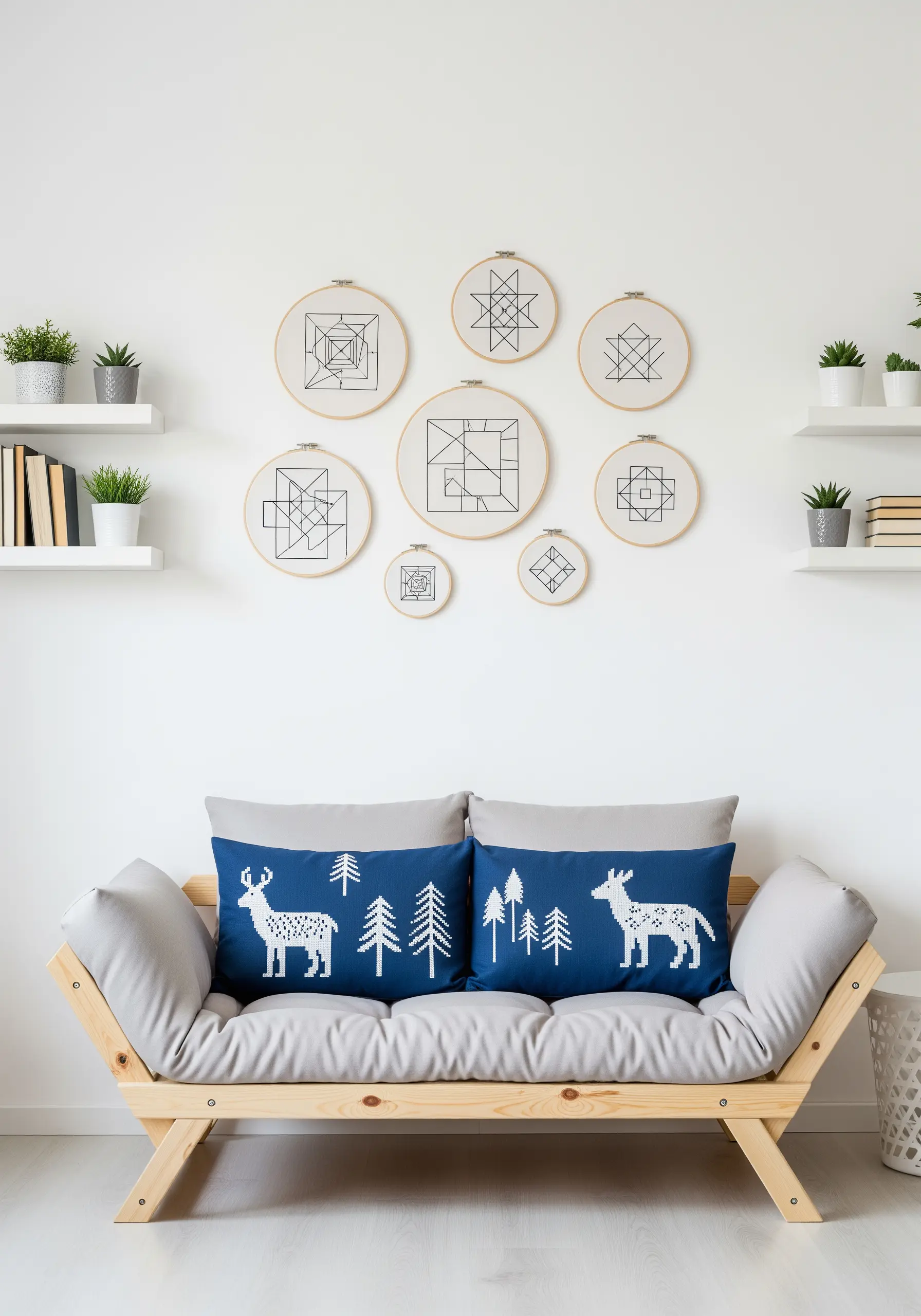 A collection of embroidery hoops with minimalist geometric line art arranged on a white wall.