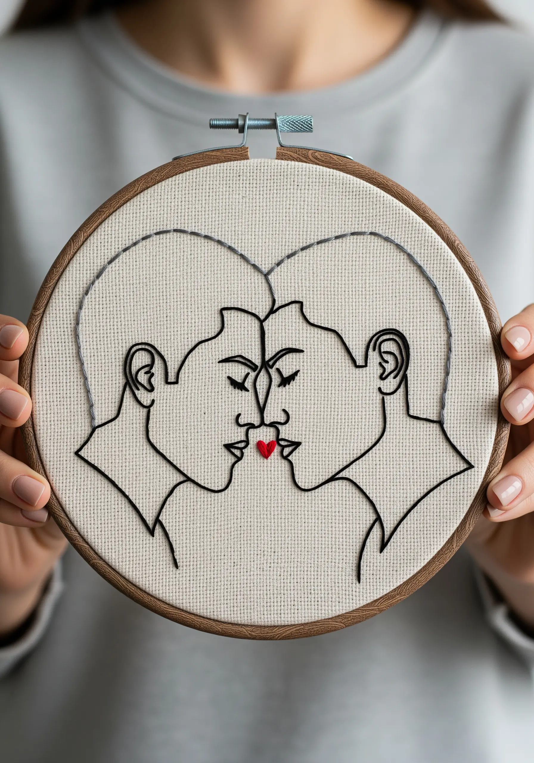 Two kissing line-art faces with a small, vibrant red embroidered heart.