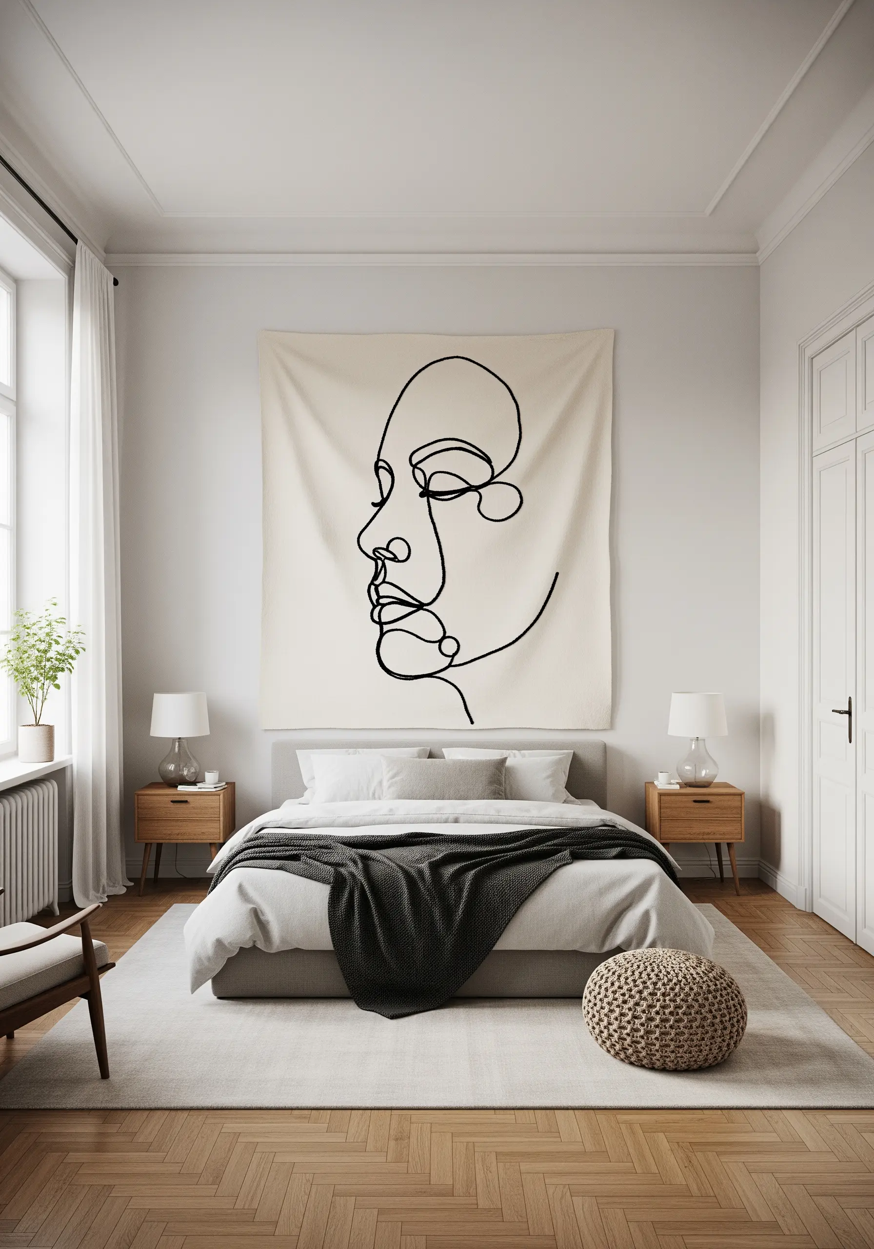 Large-scale line art face embroidered on a fabric wall hanging above a bed.