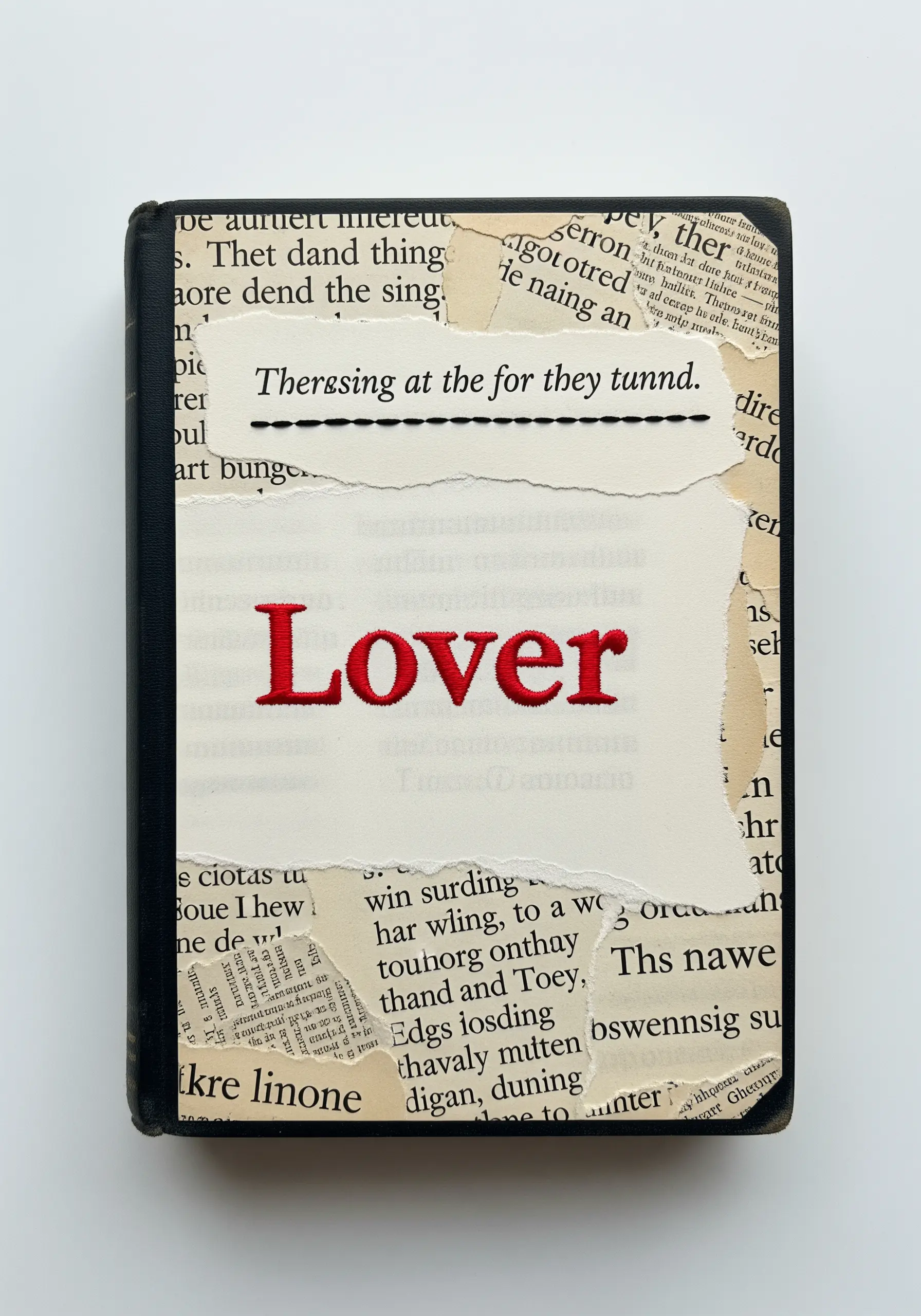 The word 'Lover' embroidered in red satin stitch on a collage of torn book pages.