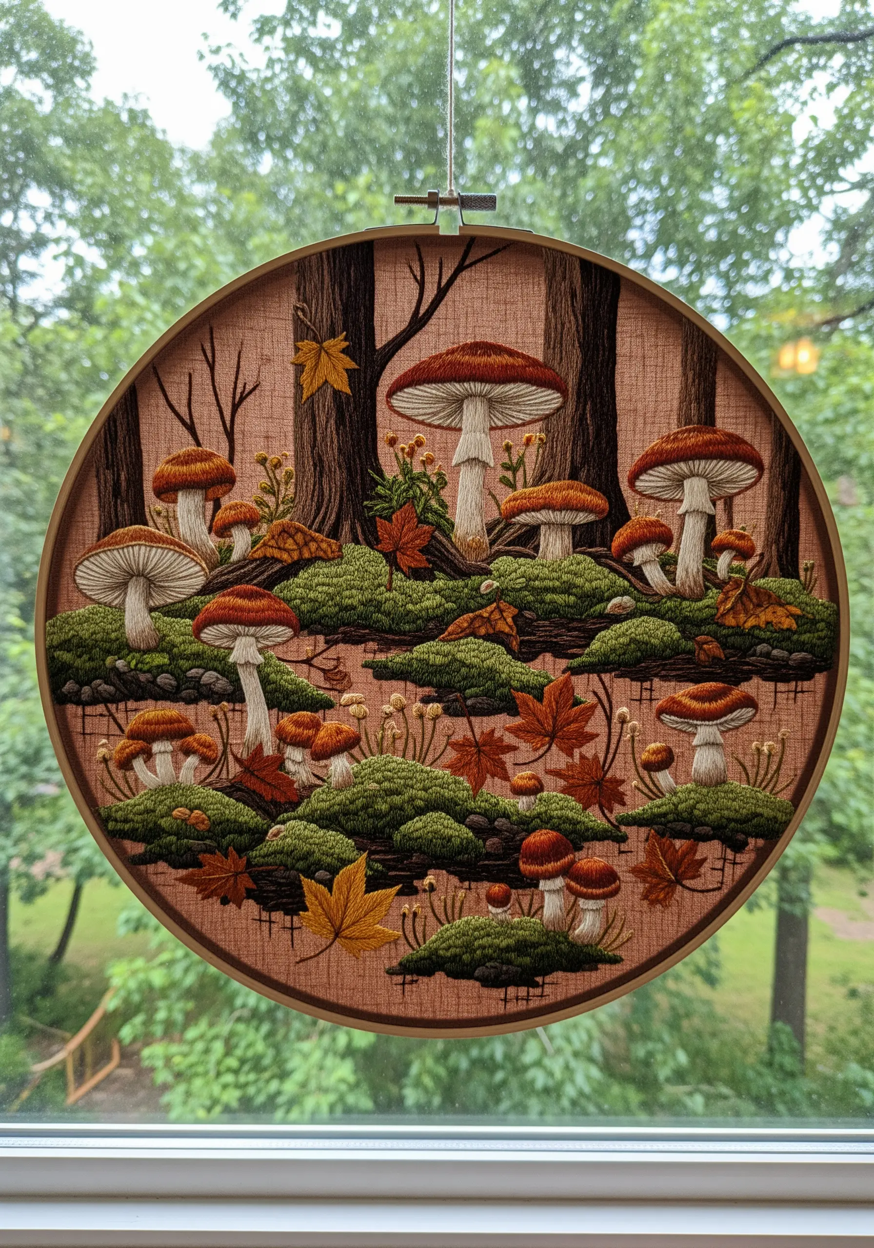 A detailed embroidery of a forest floor with mushrooms, moss, and autumn leaves.