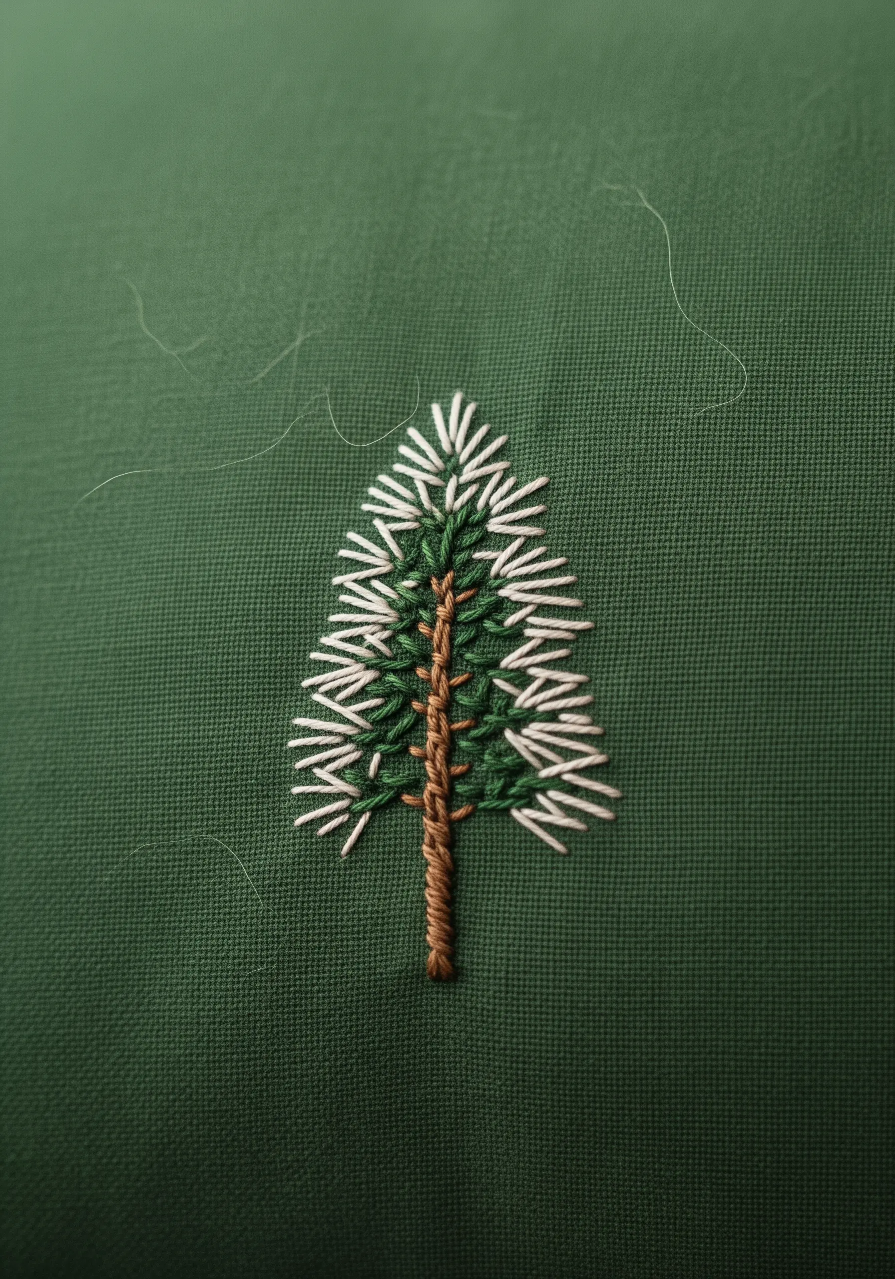 A small pine tree embroidered with green, brown, and white thread on a dark green pillowcase.