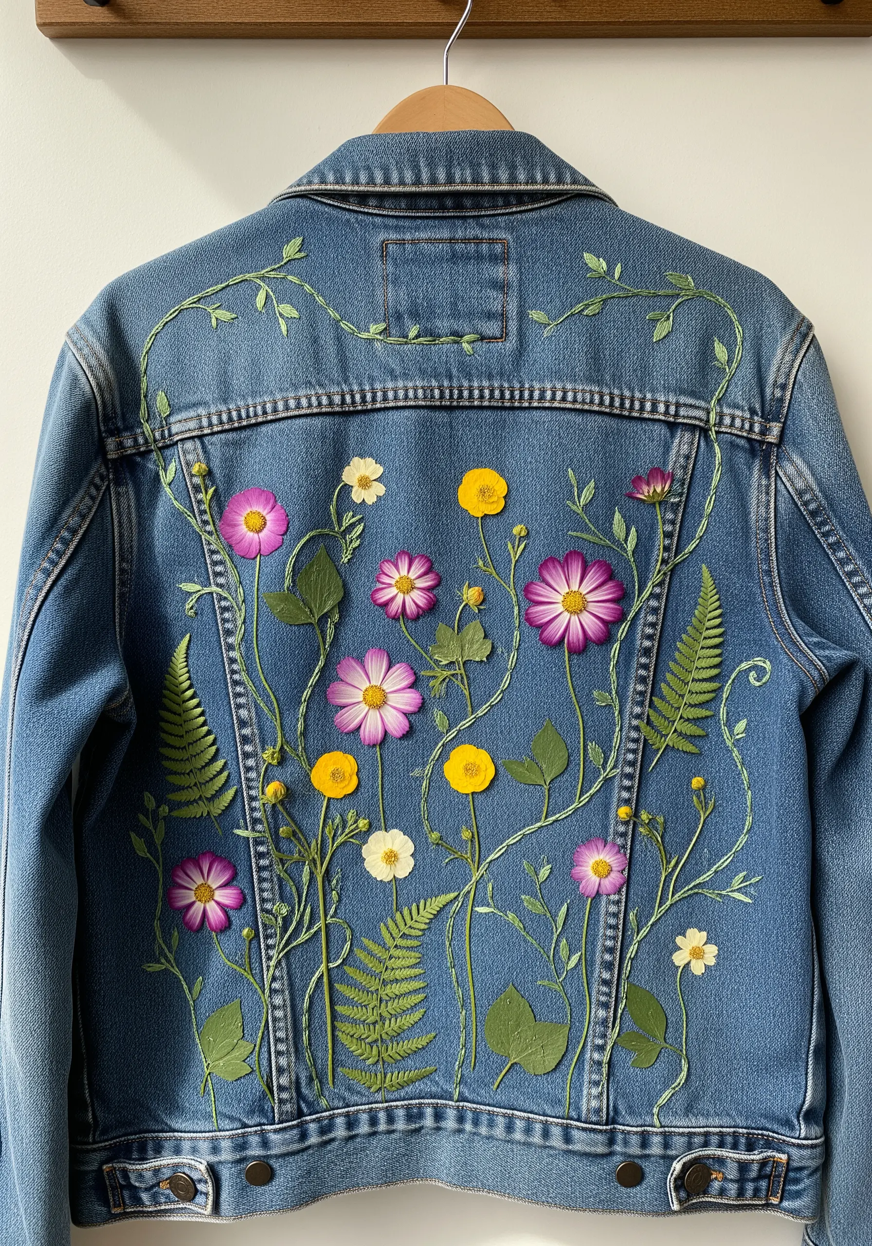 Pressed flowers and embroidered vines covering the back of a denim jacket.