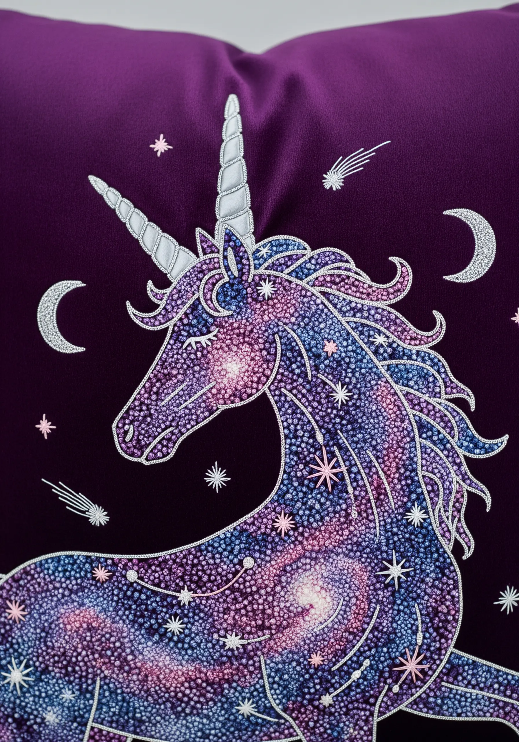 Unicorn silhouette filled with a purple and blue galaxy pattern made of tiny stitches.