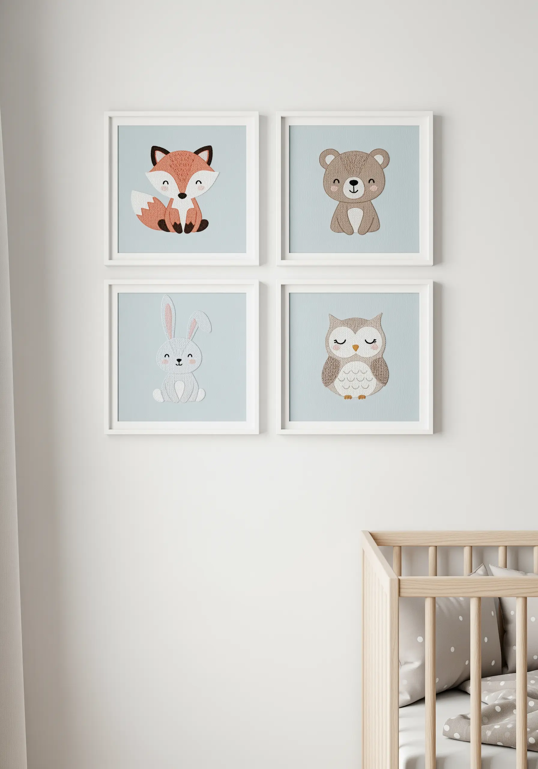 Four framed embroidery pieces of a cute fox, bear, rabbit, and owl on a nursery wall.