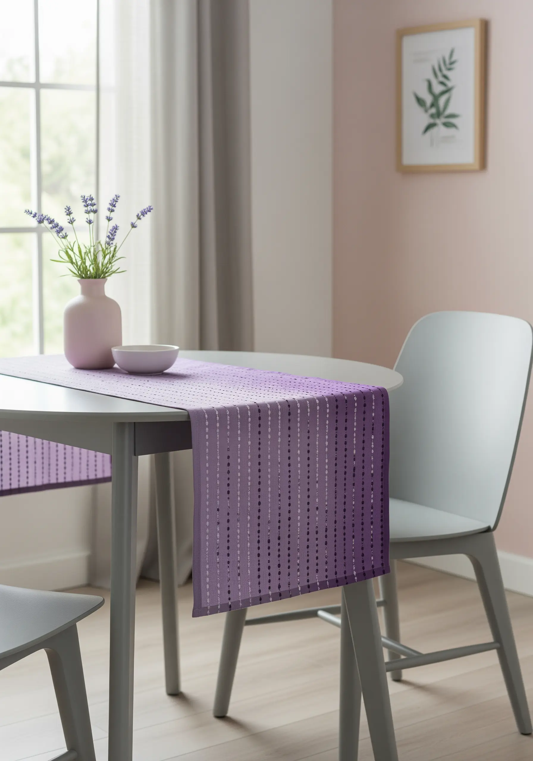 A lavender table runner with simple, dotted vertical lines of embroidery