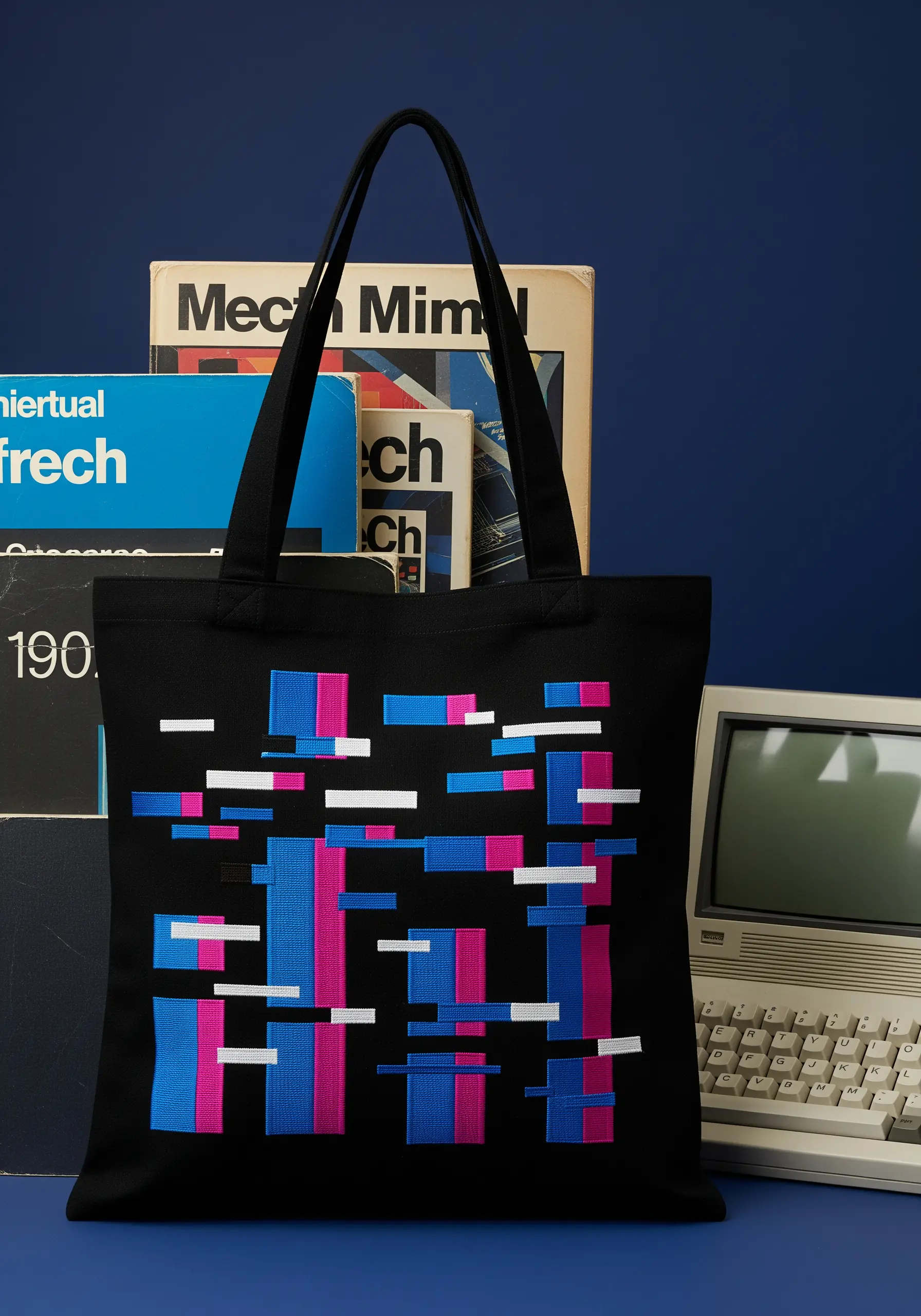 A glitch art-inspired pattern with blocks of magenta and blue satin stitch on a black tote.