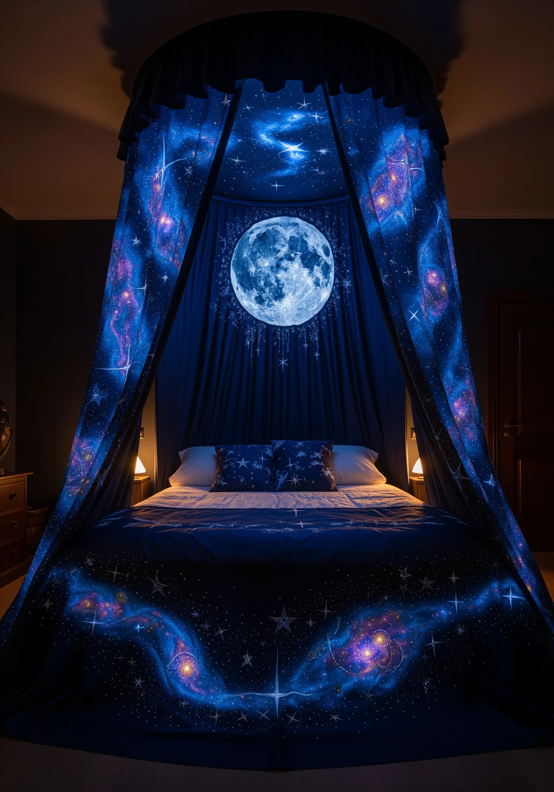A bed canopy that glows in the dark with an embroidered full moon and swirling galaxy.