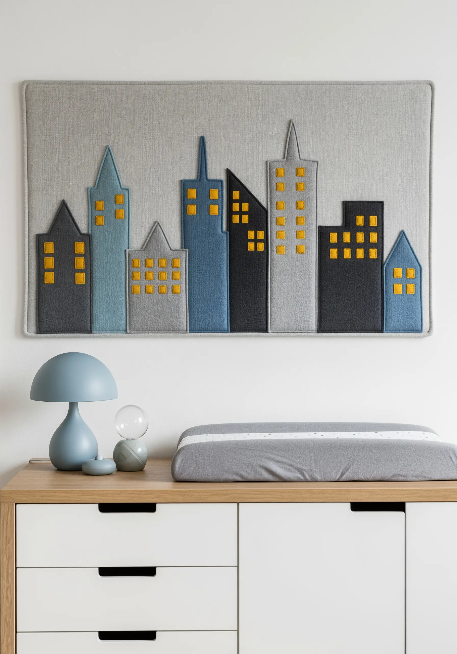 A textile wall art panel of a layered felt cityscape in shades of blue and grey.