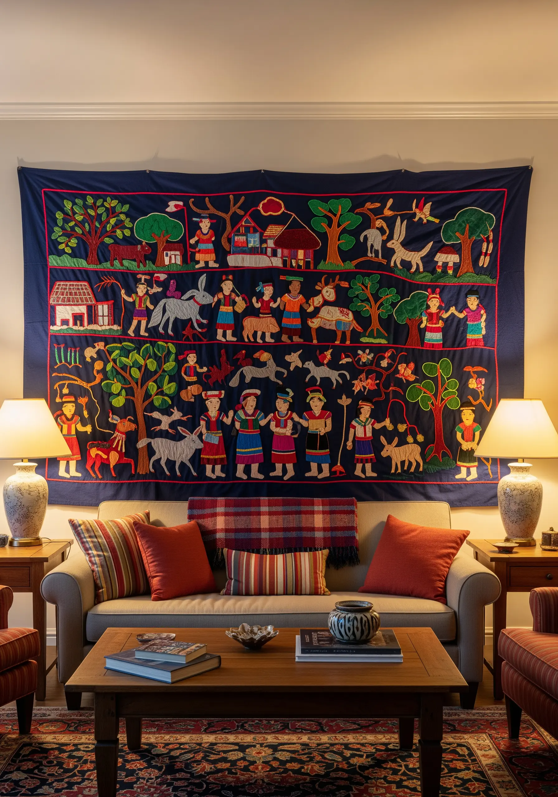 Hmong-inspired story cloth wall hanging with appliqué figures and embroidered details.
