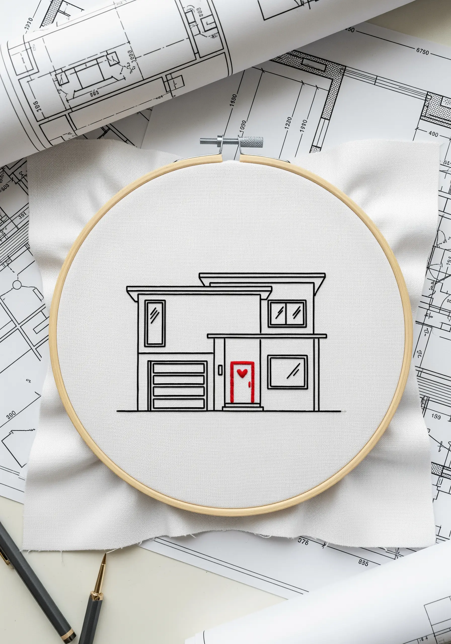 A minimalist line-art embroidery of a modern house, with a single red heart on the door.