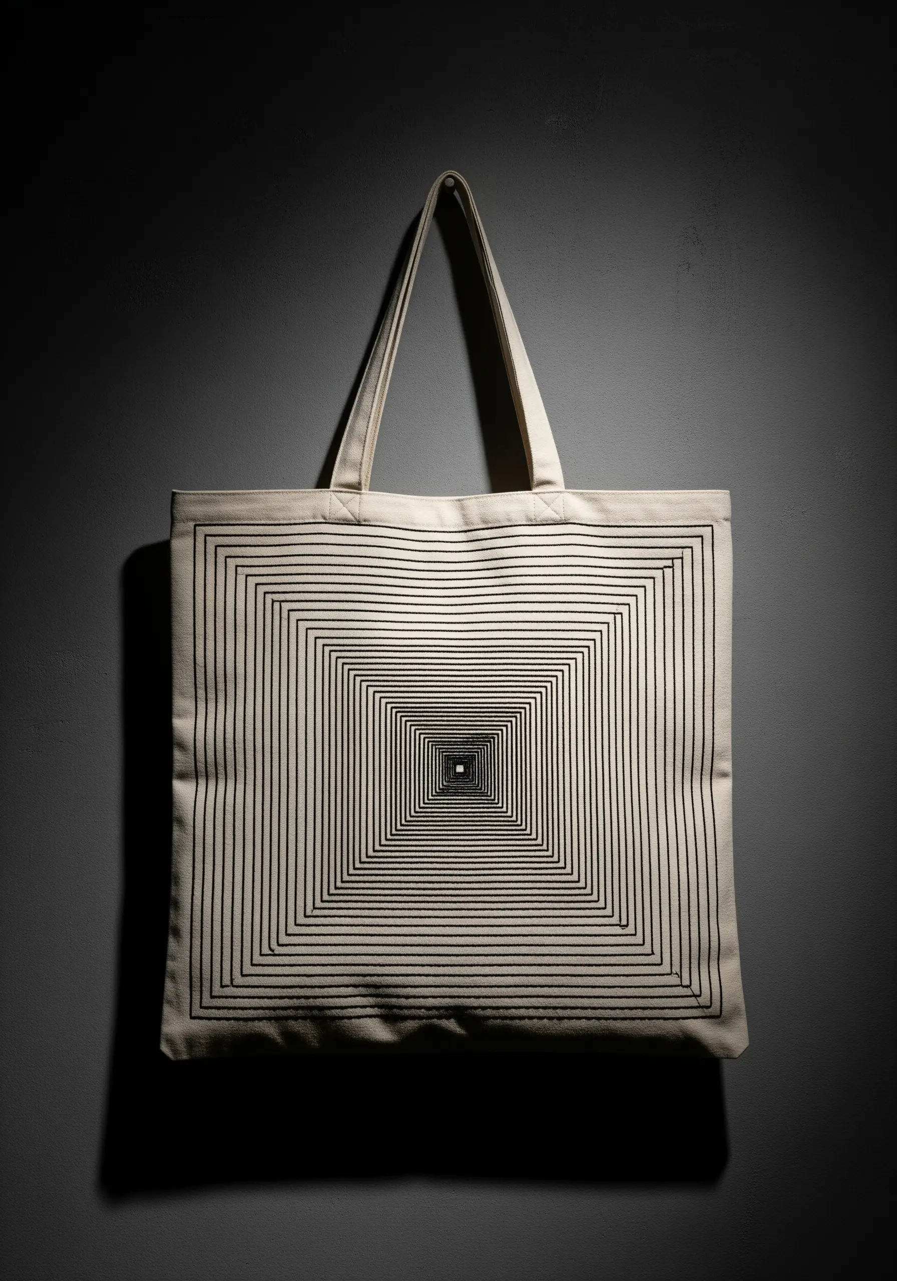 A mesmerizing pattern of concentric black squares creating a tunnel effect on a canvas tote.