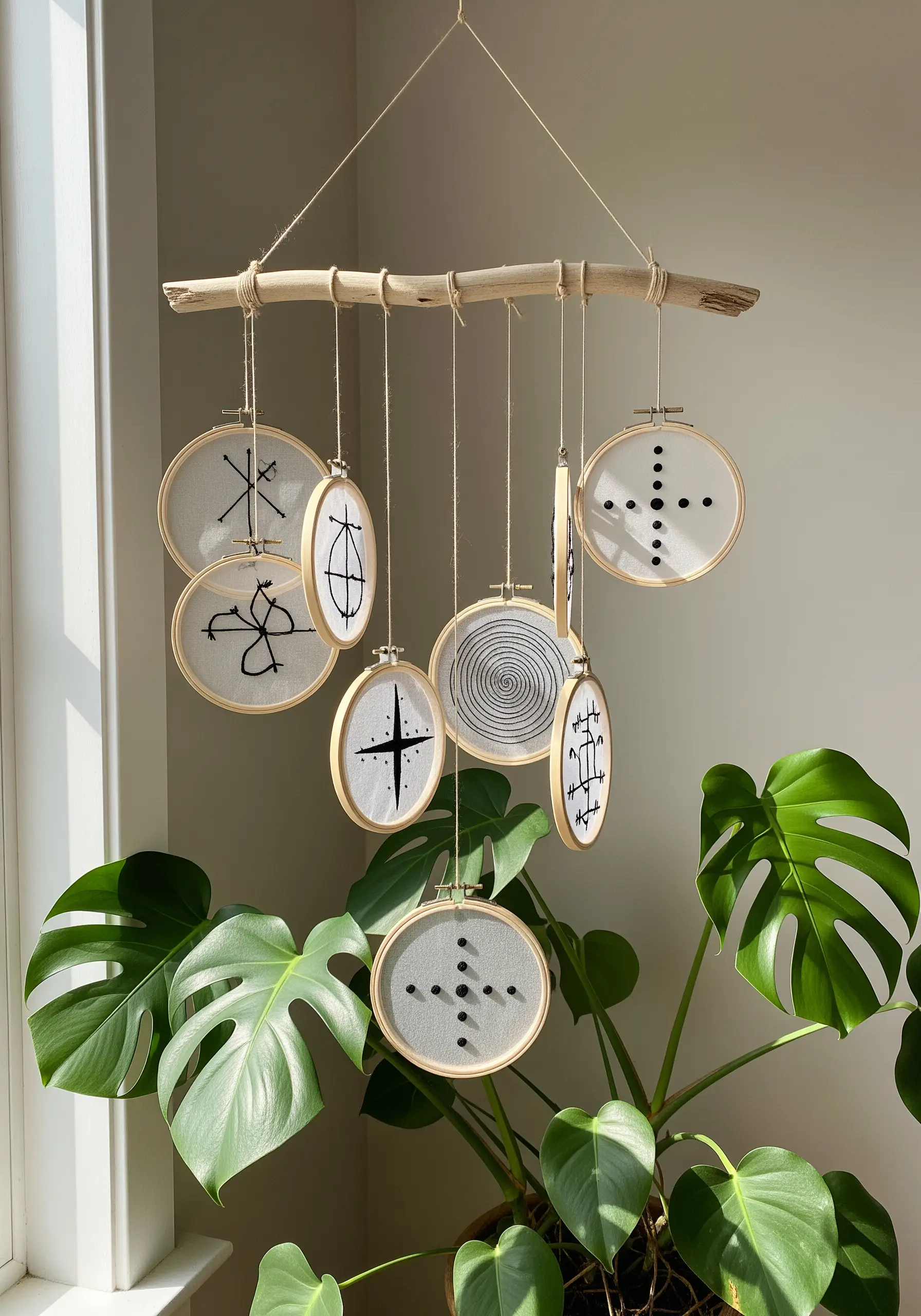 An embroidery mobile made of multiple hoops with minimalist black symbols hanging from driftwood.