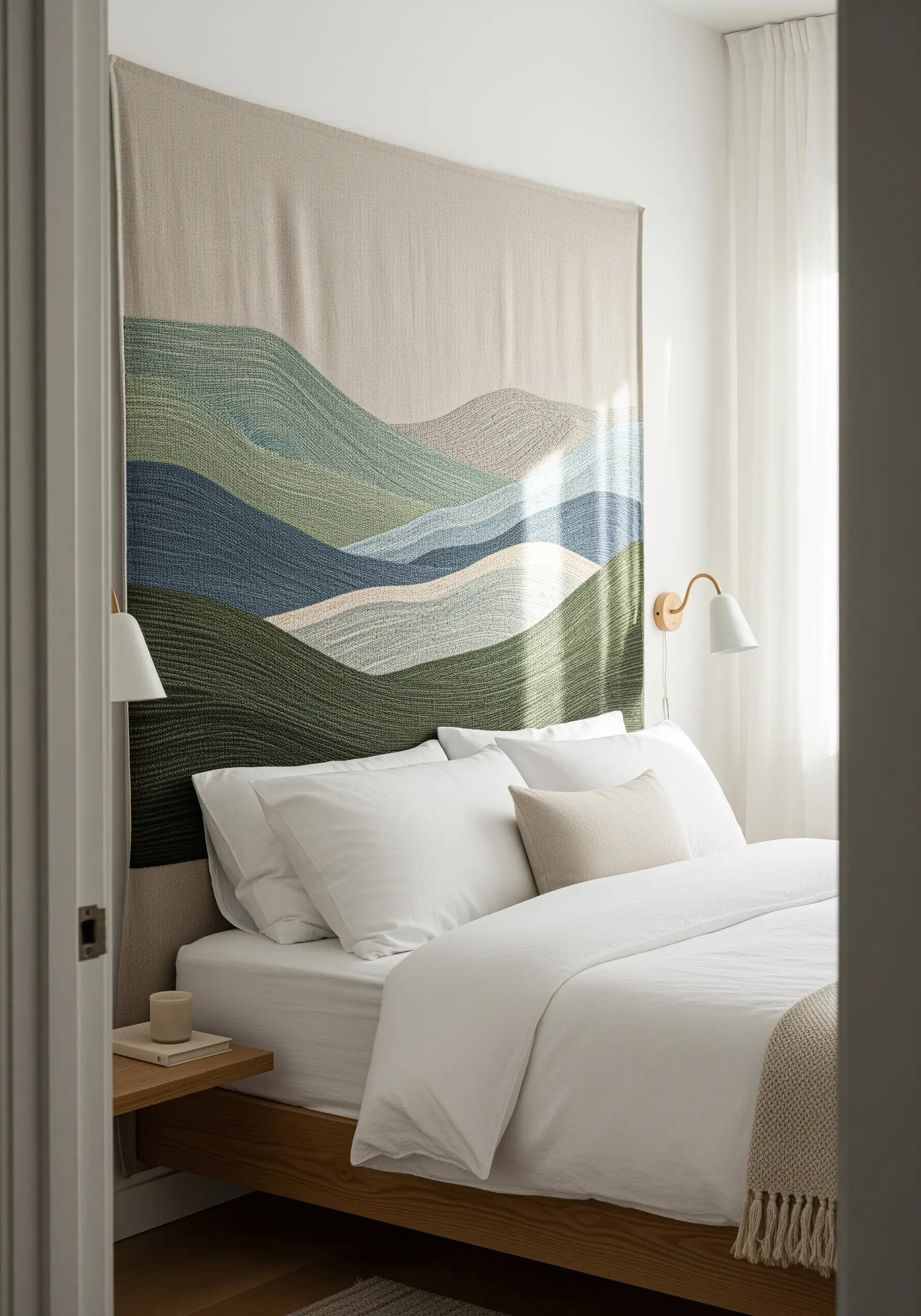 Large embroidered wall tapestry of rolling hills serving as a headboard.