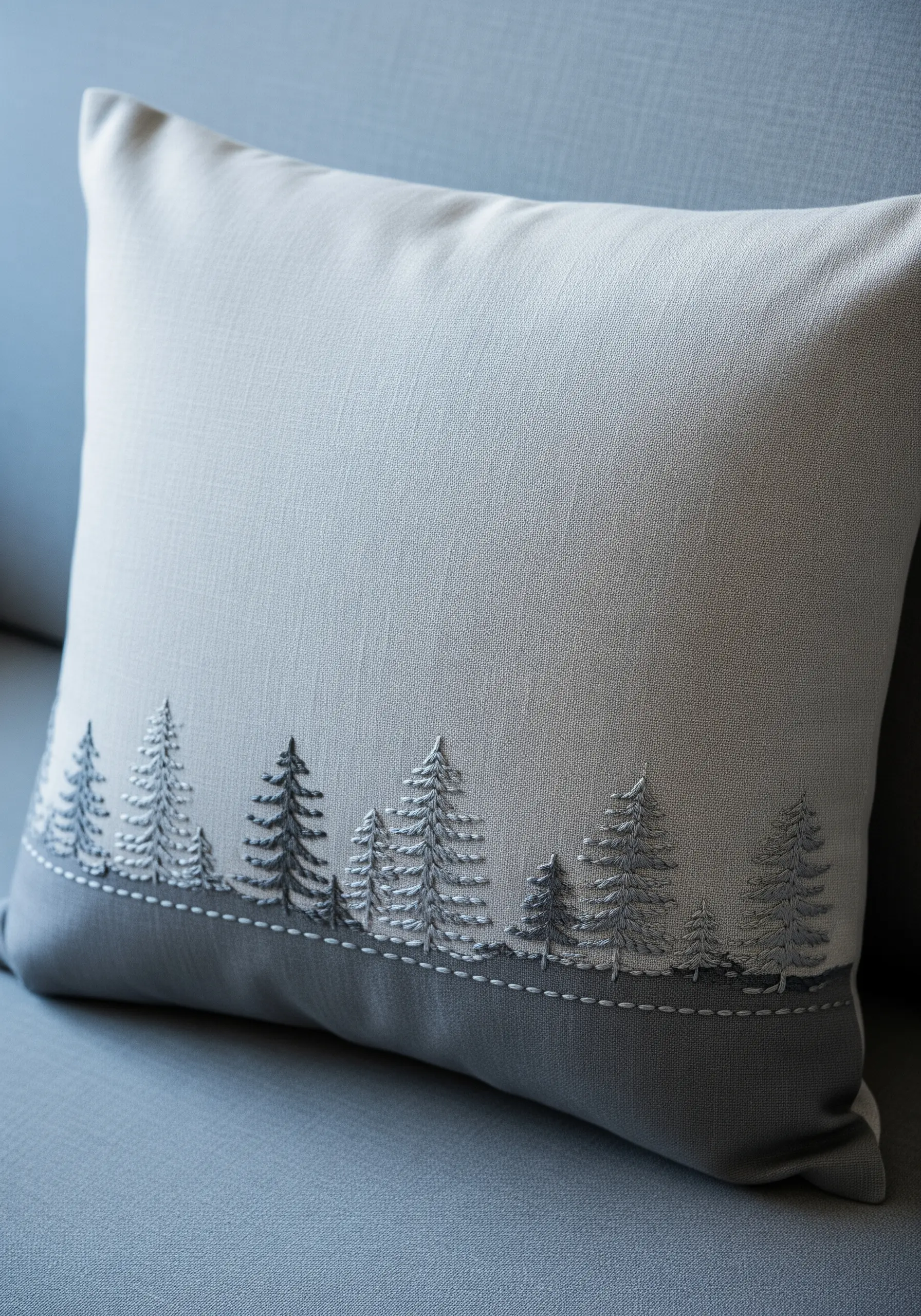 A forest of pine tree silhouettes in shades of gray embroidered along the bottom of a pillow.