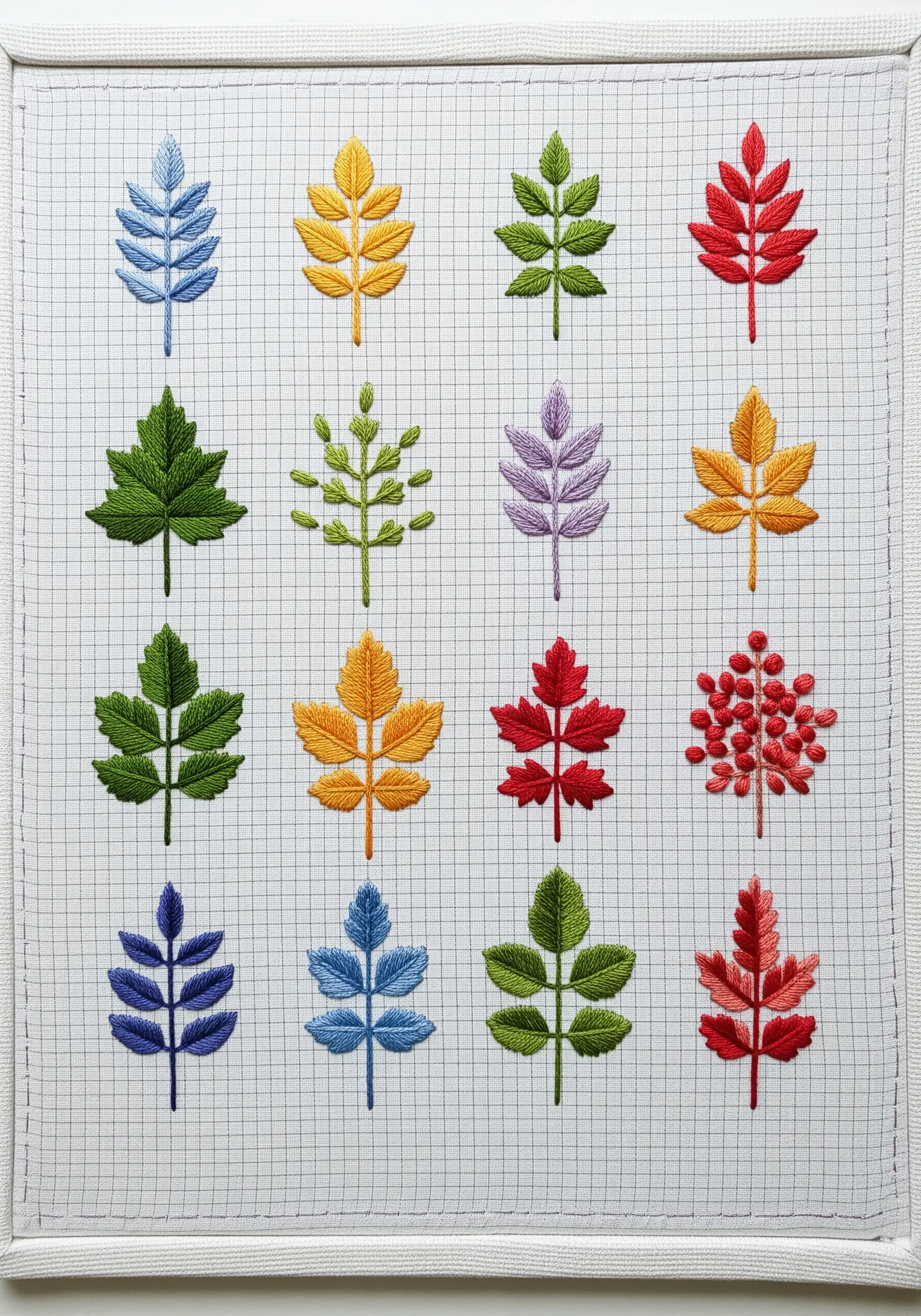 An embroidery sampler with 16 different leaf styles stitched in a colorful grid.