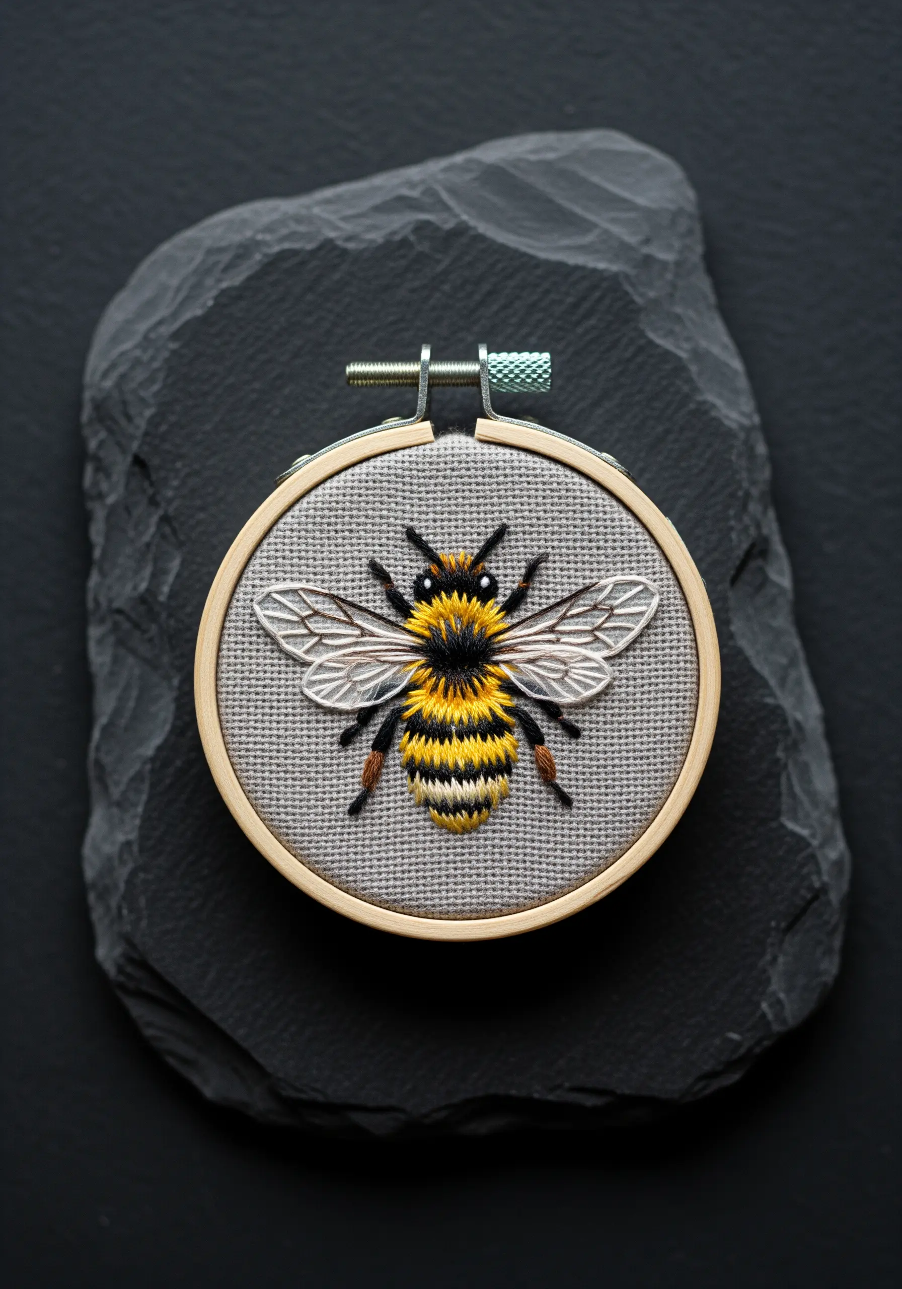 A highly detailed, realistic embroidered bumblebee with textured body in a small hoop.