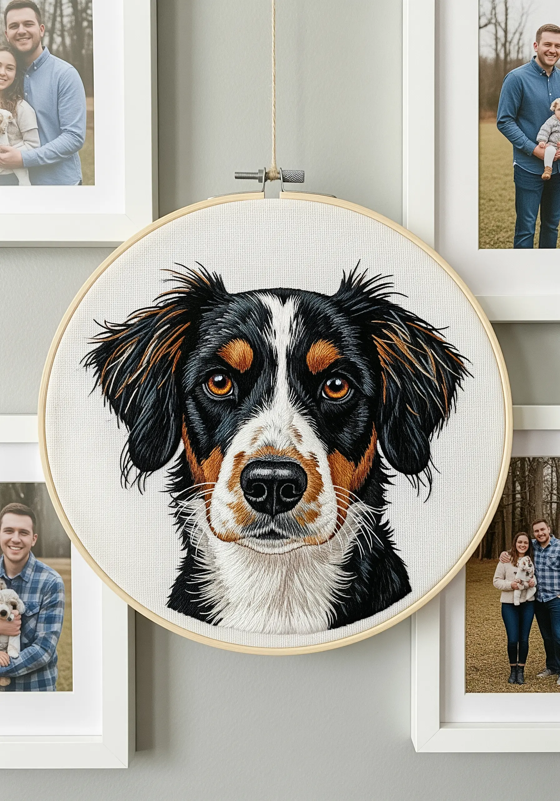 Detailed thread-painted embroidery portrait of a Bernese Mountain Dog in a hoop.