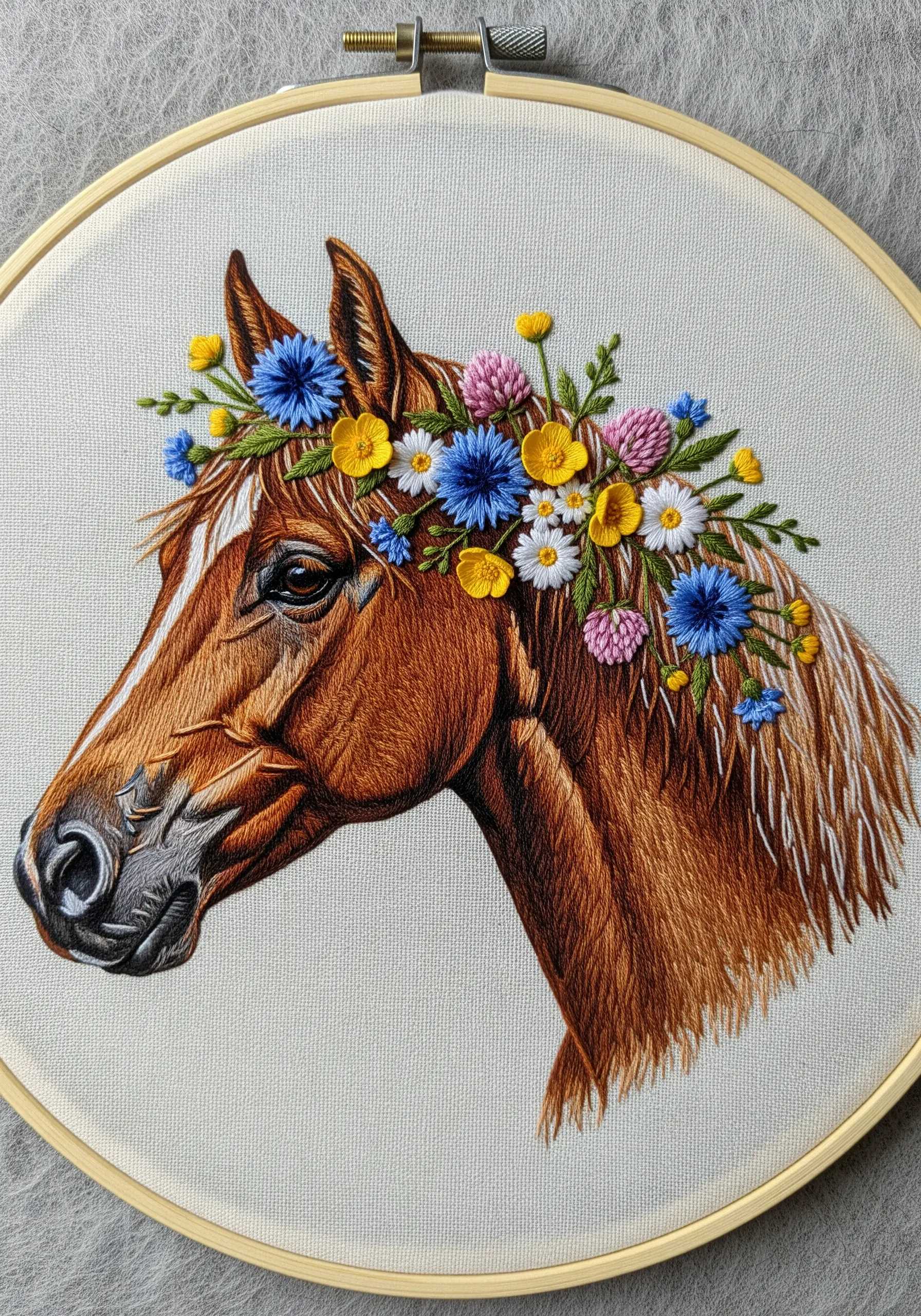 Hyper-realistic thread-painted horse portrait with a colorful embroidered flower crown.