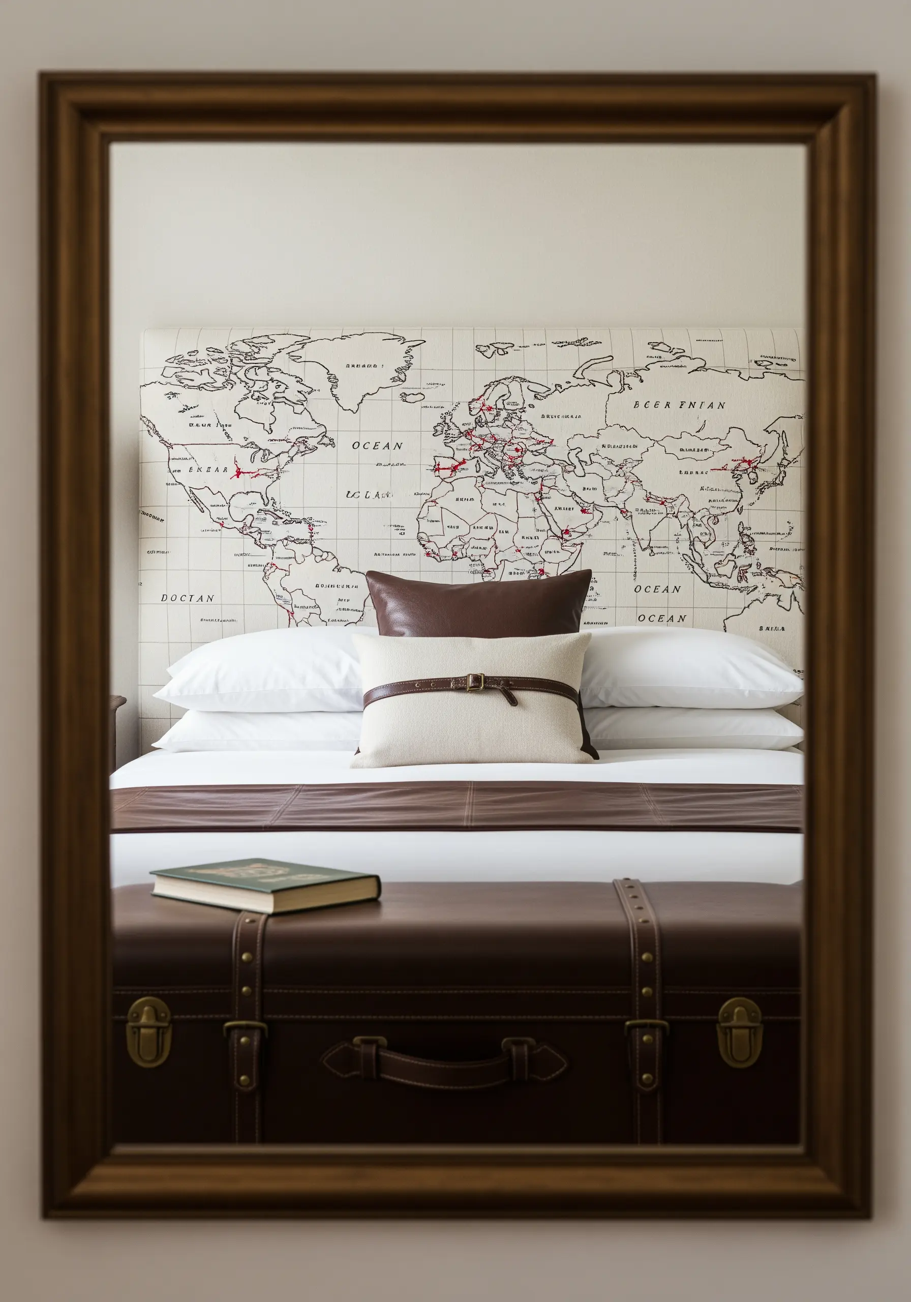 A world map embroidered on a headboard with red stitched lines indicating travel routes.