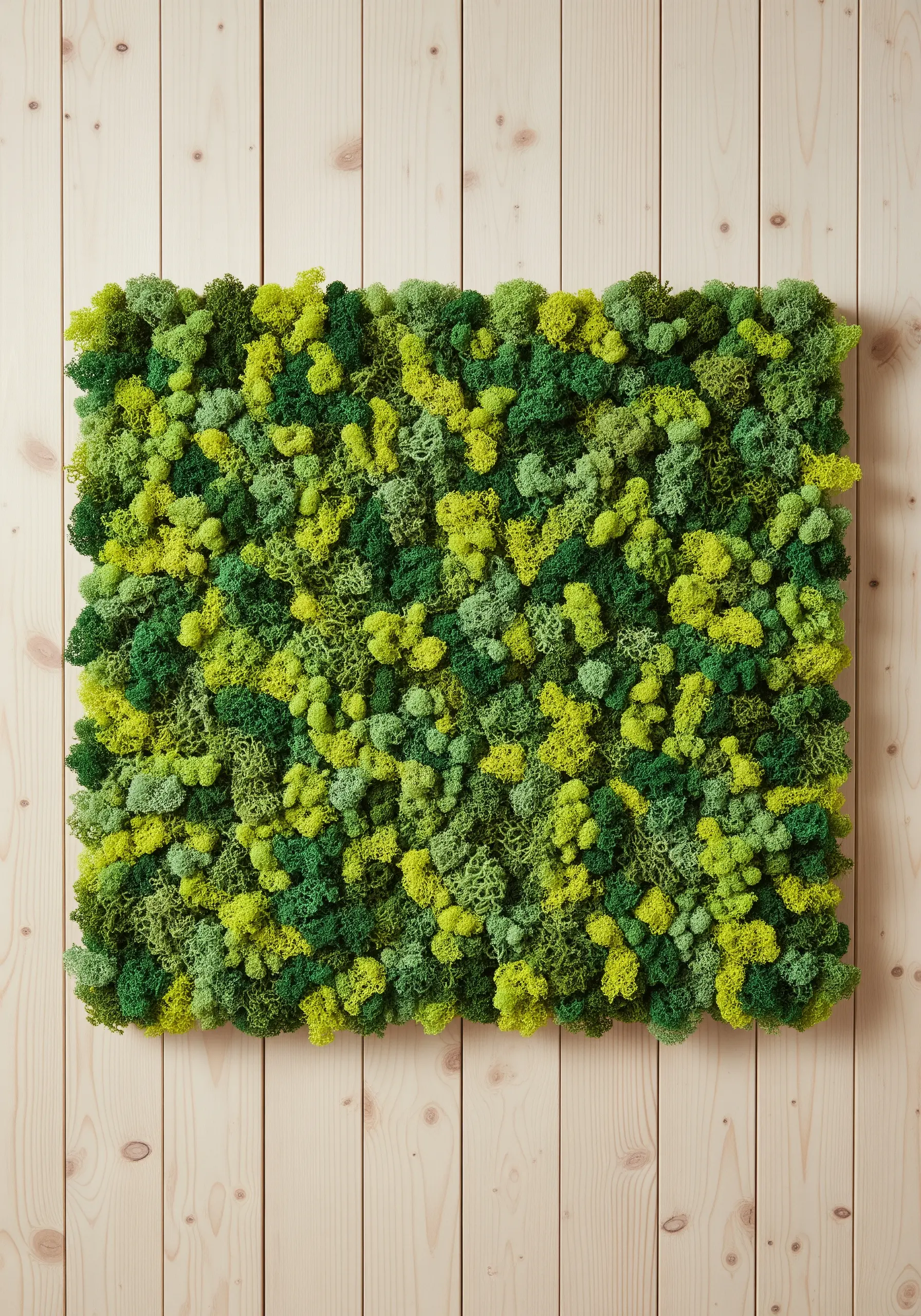 A square wall art piece covered in a dense texture of multi-toned green preserved moss.
