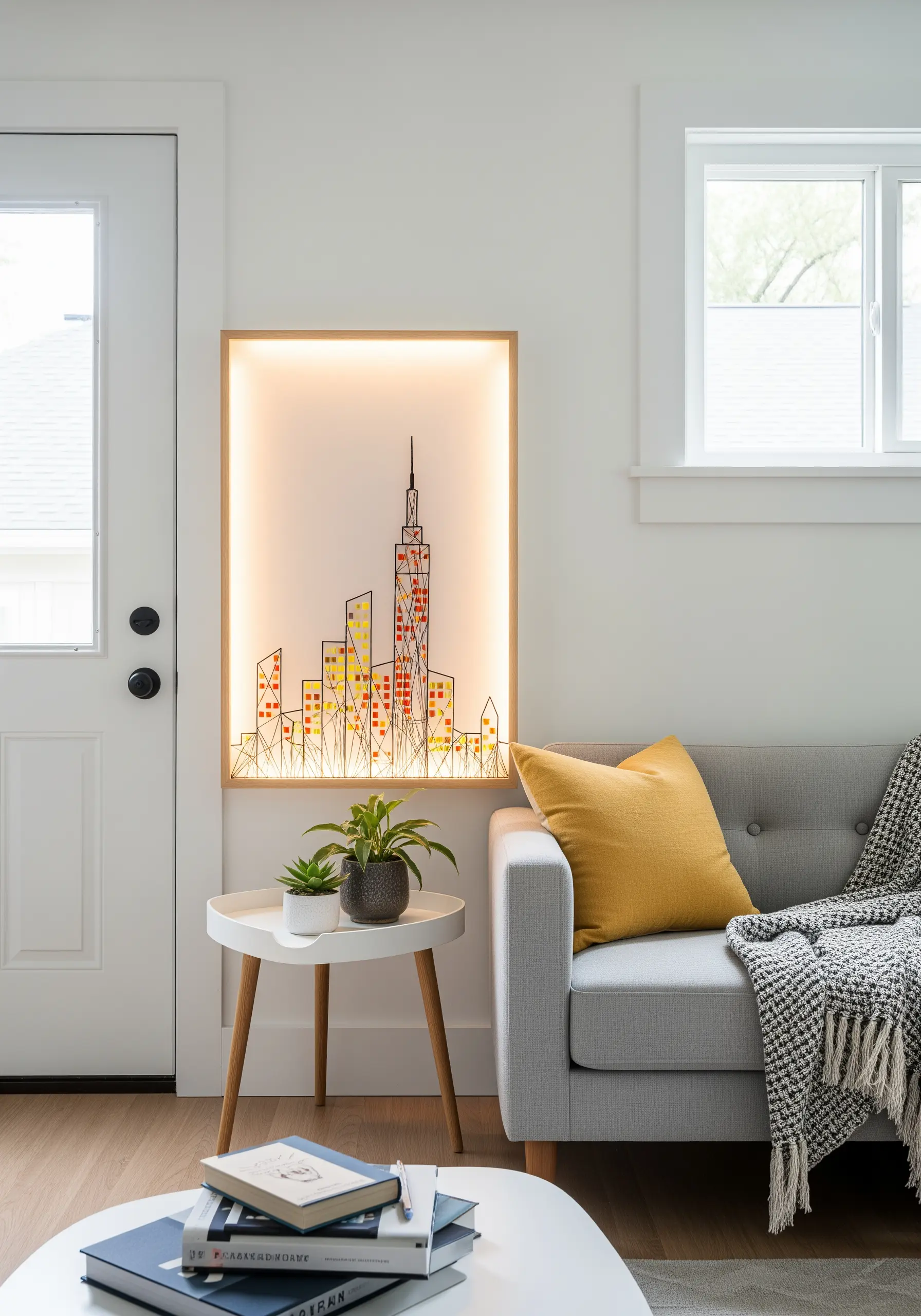 Backlit string art cityscape creating a warm glow in a living room.
