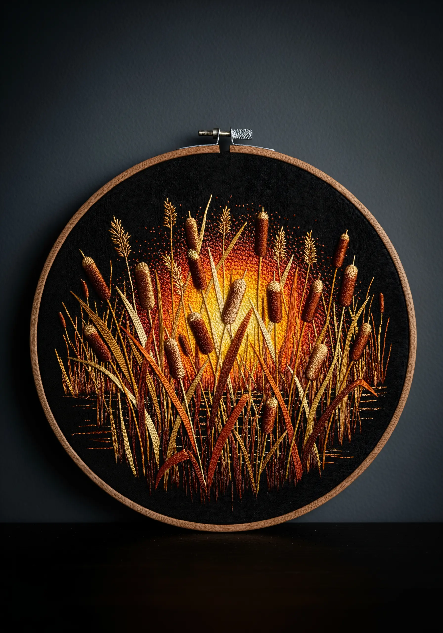 Embroidery of cattails silhouetted against a glowing orange and yellow stitched sunset on black fabric.