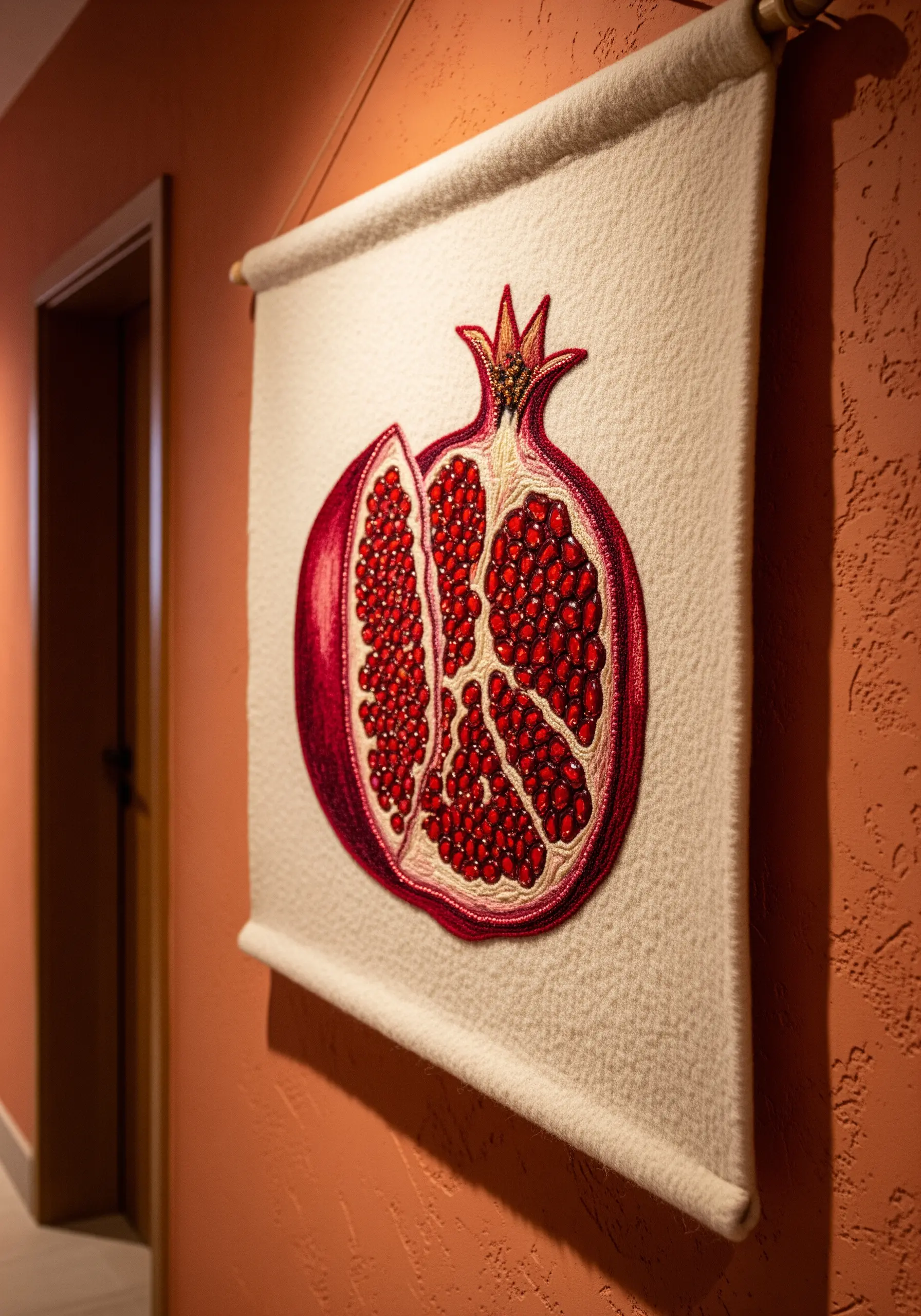 A close-up of an embroidered pomegranate with red seed beads filling the sections.